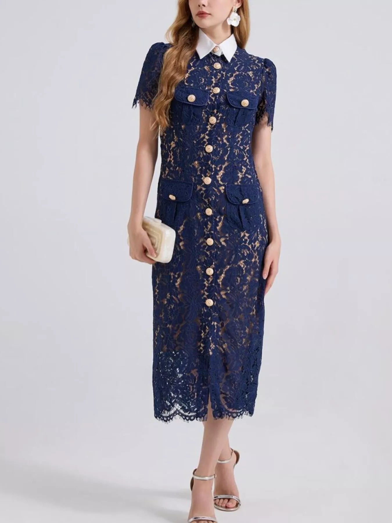 Lace Button-Down Midi Dress