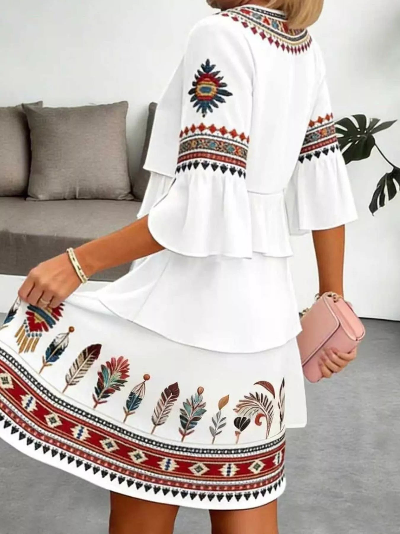Full Size Printed Notched Ruffled Half Sleeve Dress Plus Size