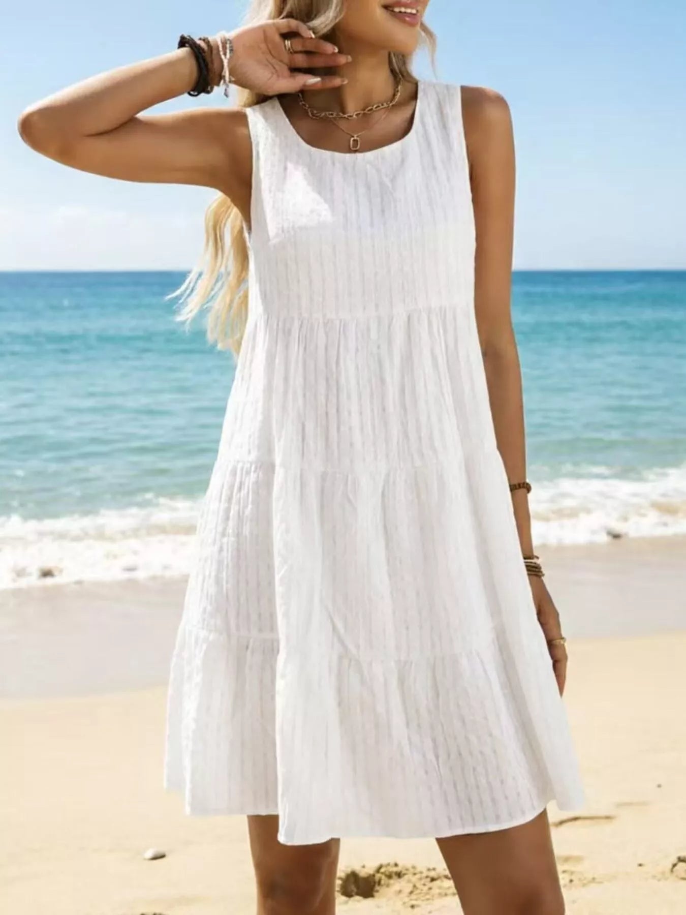 Textured Sleeveless Tiered Mini Dress