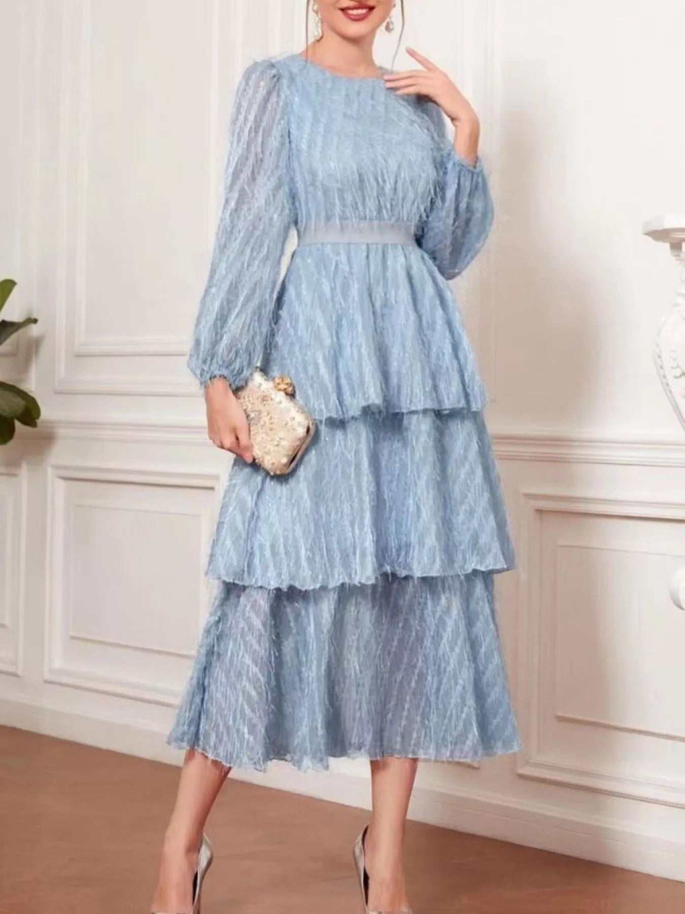 Full Size Layered Balloon Sleeve Midi Dress Plus Size