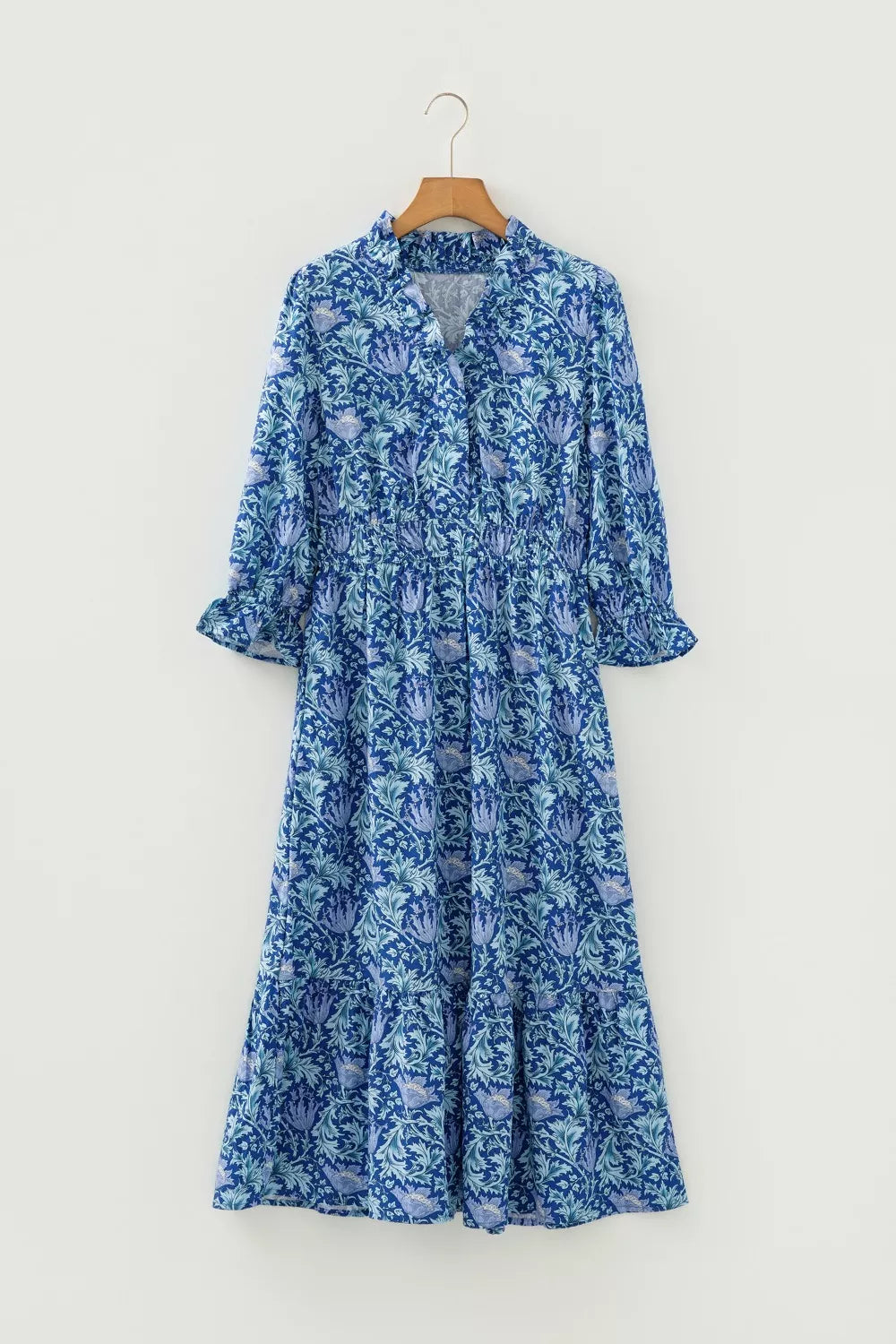 Floral Printed Frilled V Neck Bracelet Sleeve Long Dress