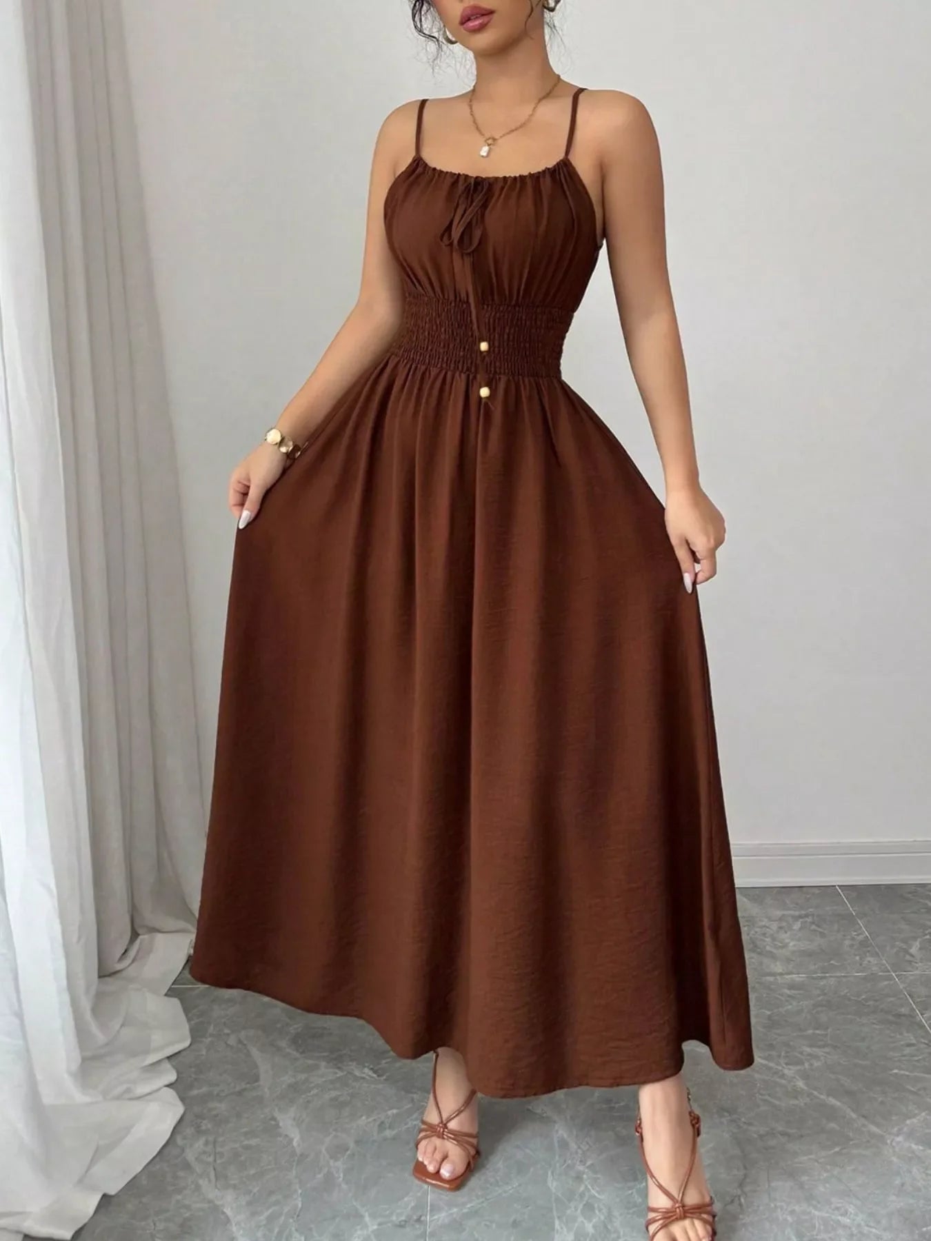 Smocked Spaghetti Strap Midi Dress