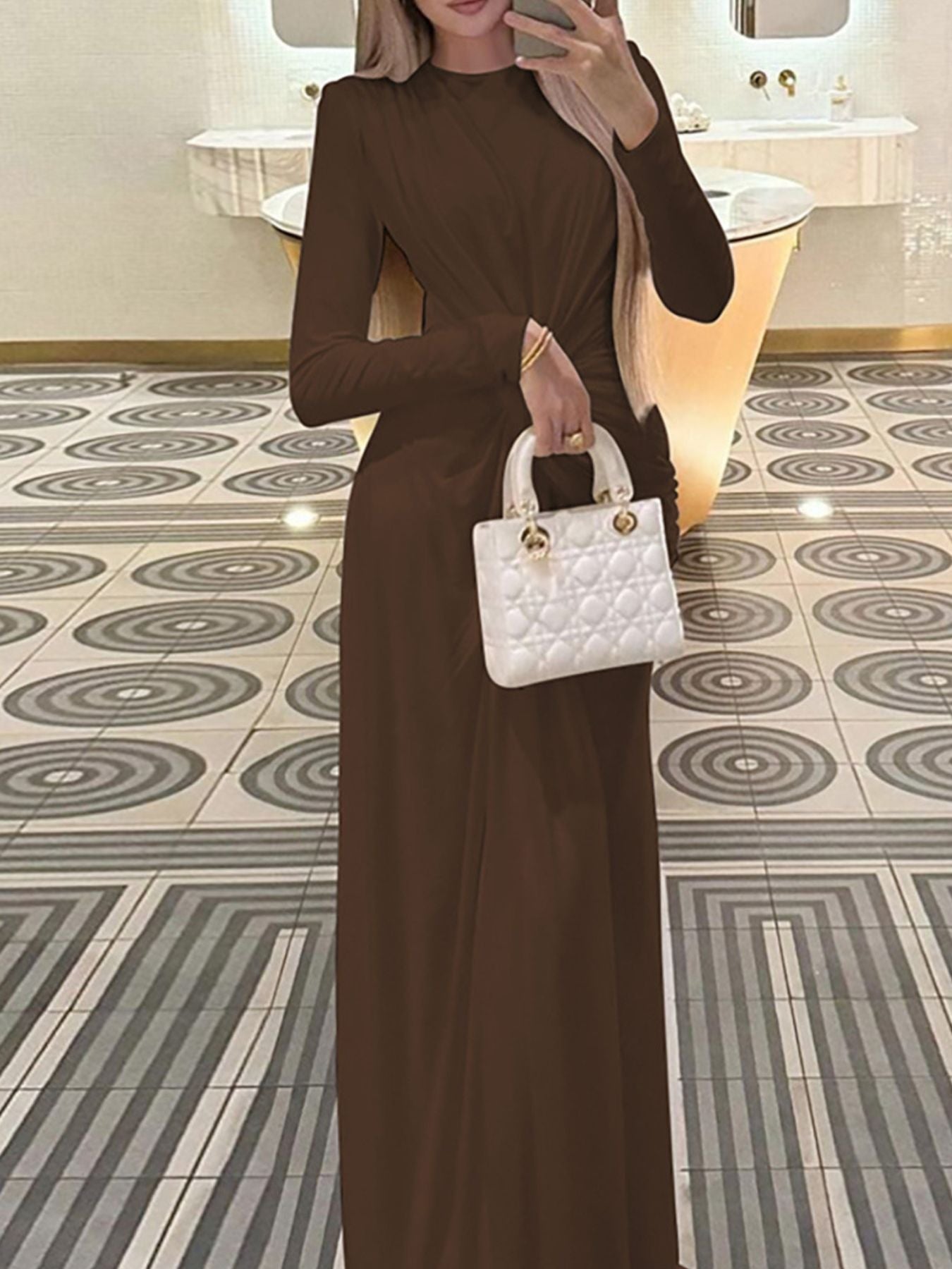 Ruched Knot Front Long Sleeve Maxi Dress