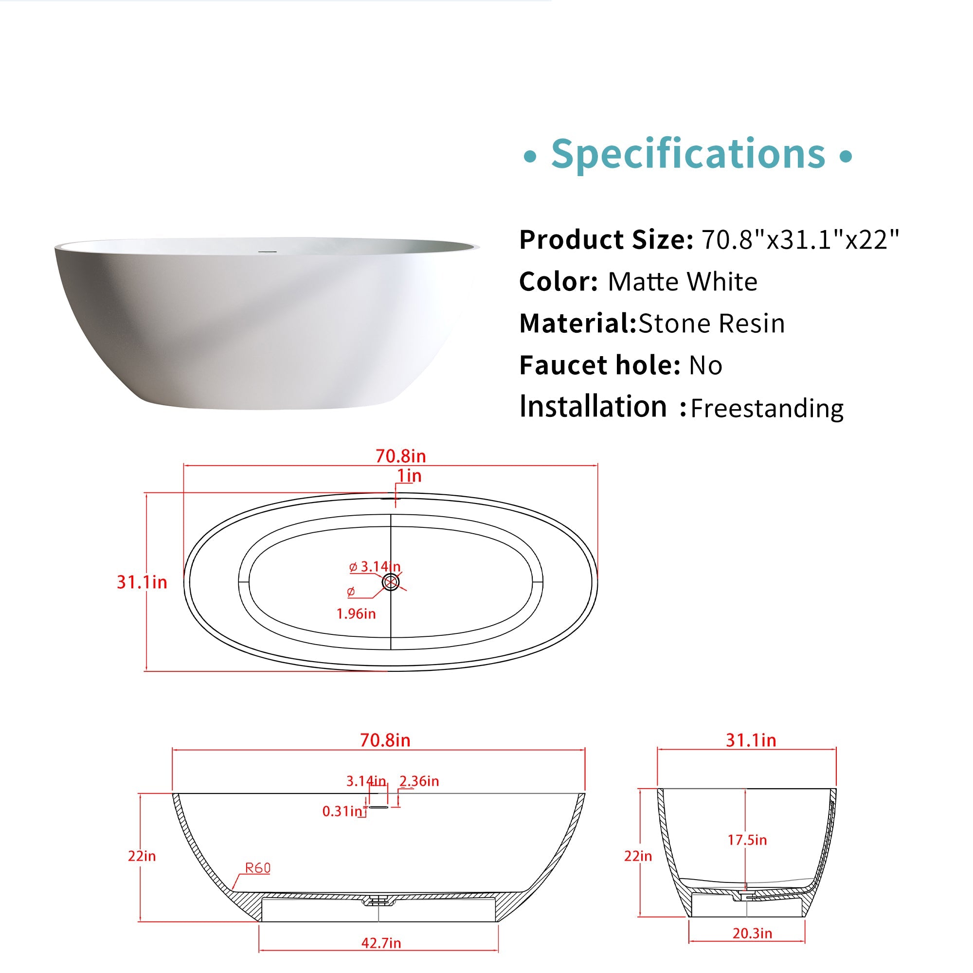 Solid Surface Matte Tub - 70.8" Freestanding Bathtub