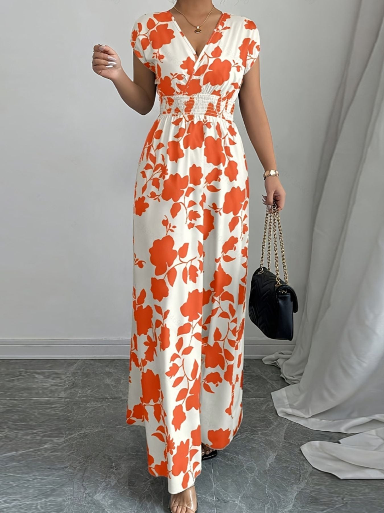 Printed Surplice Cap Sleeve Maxi Dress