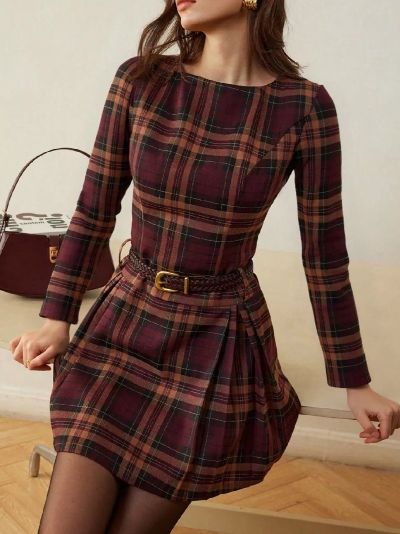 Plaid Long Sleeve Mini Dress