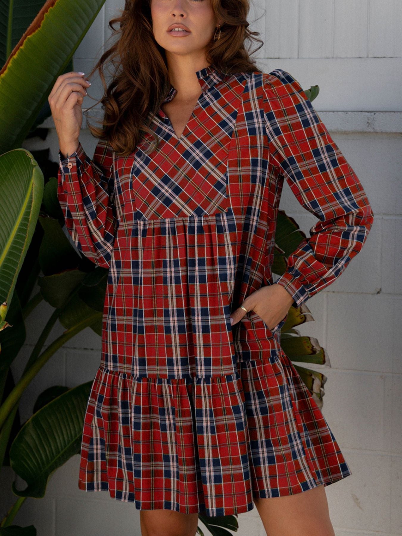 Plaid Print Frilly Collar Long Sleeve Shift Mini Dress