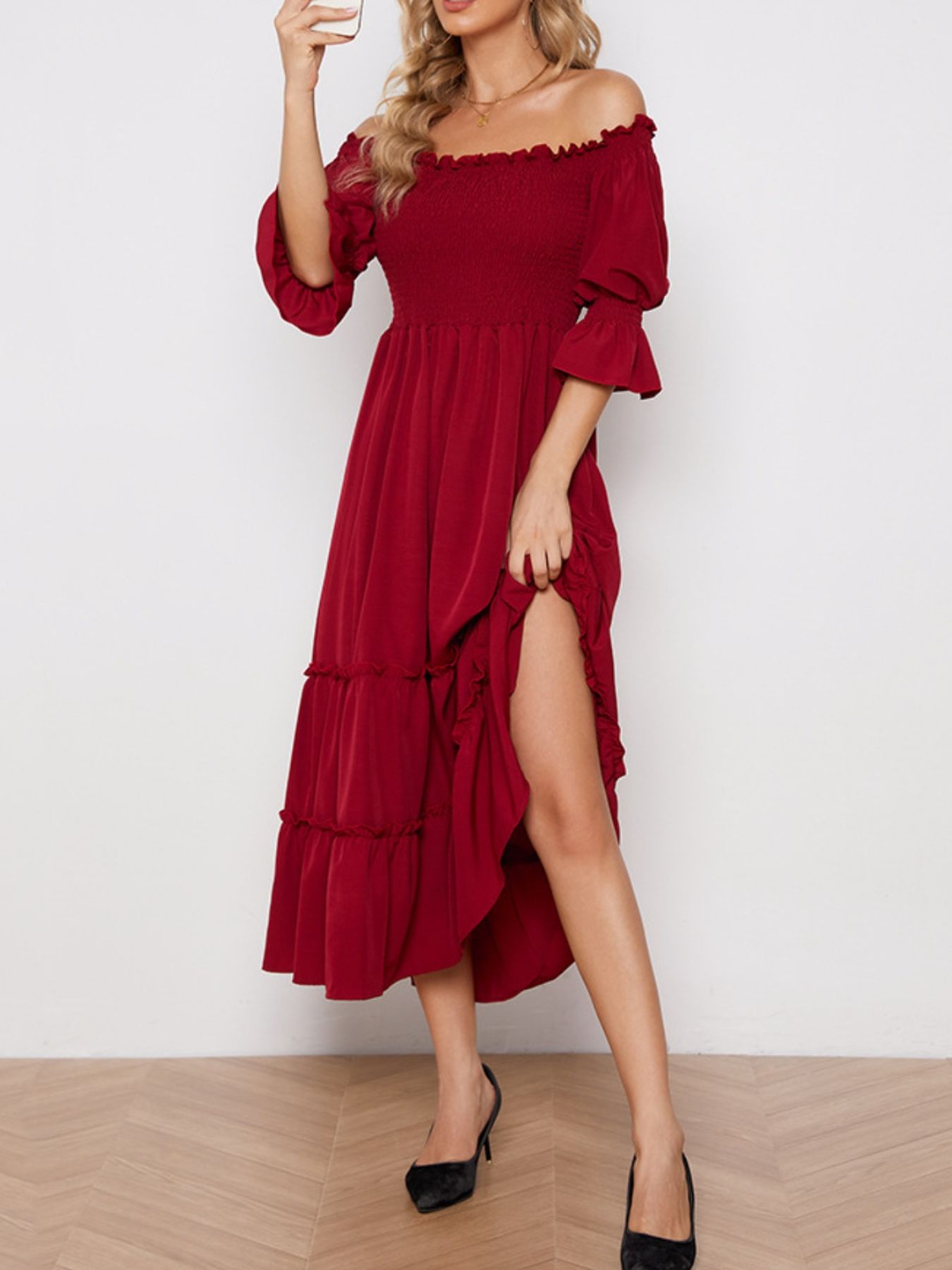 Smocked Off-Shoulder Ruffle Hem Midi Dress