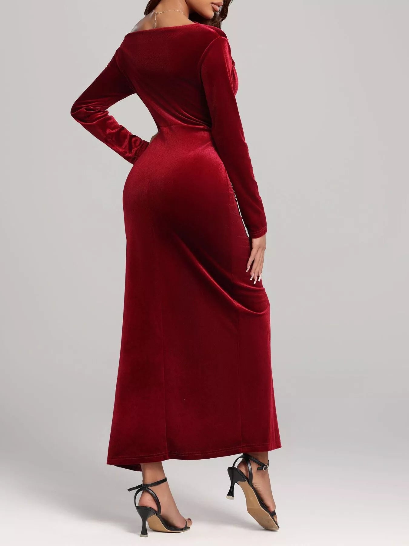 Ruched Velvet Long Sleeve Slit Dress
