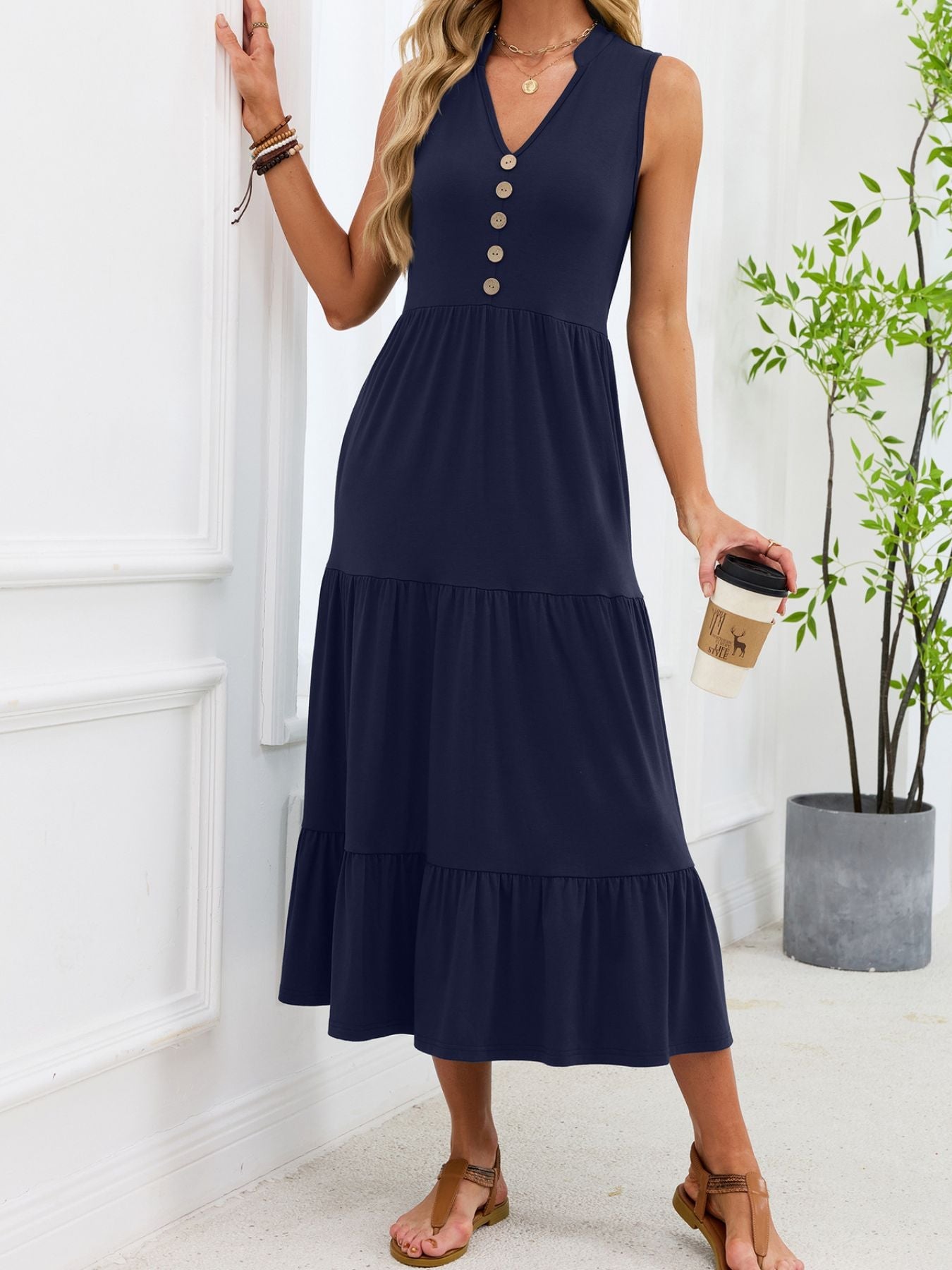 Sleeveless Notched Tiered Midi Dress
