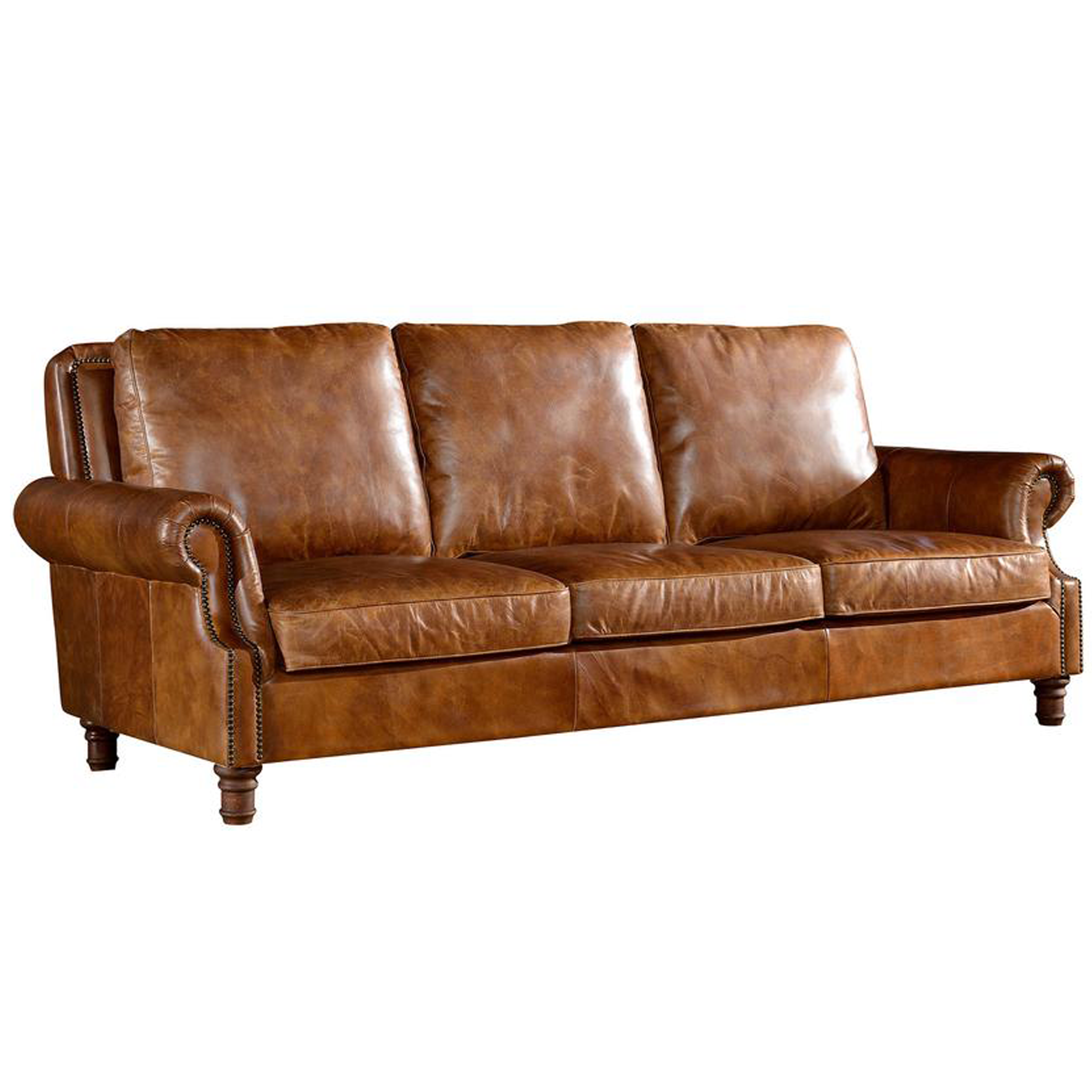 English Rolled Arm Sofa - Light Brown Leather