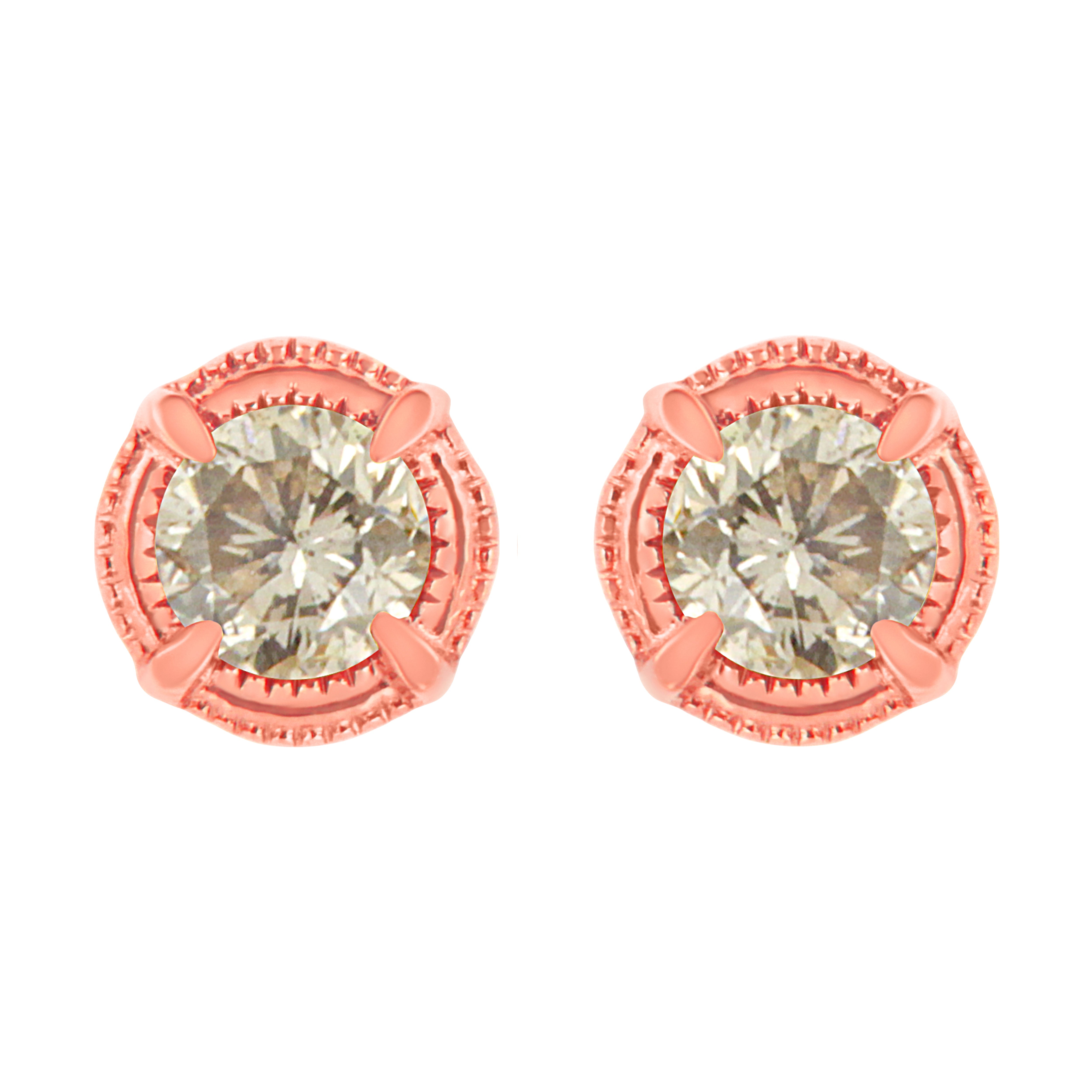 14K Yellow Gold Plated .925 Sterling Silver 1.0 Cttw Round Brilliant Cut Diamond Solitaire Milgrain Stud Earrings (K-L Color, I2-I3 Clarity)