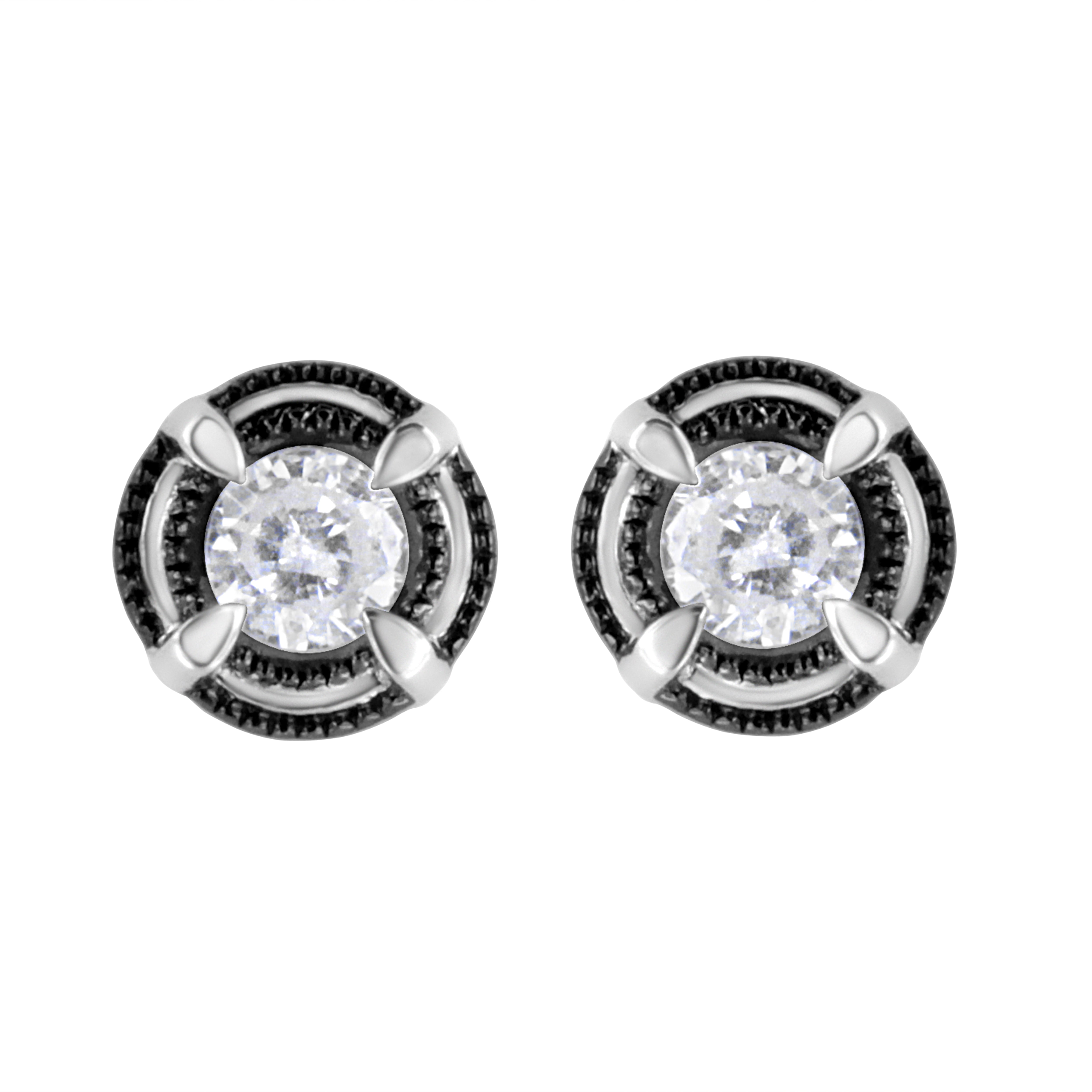Black Rhodium Plated .925 Sterling Silver Round 1-1/2 cttw Diamond Double Halo 4-Prong Solitaire Milgrain Stud Earrings (H-I Color, I2-I3 Clarity)