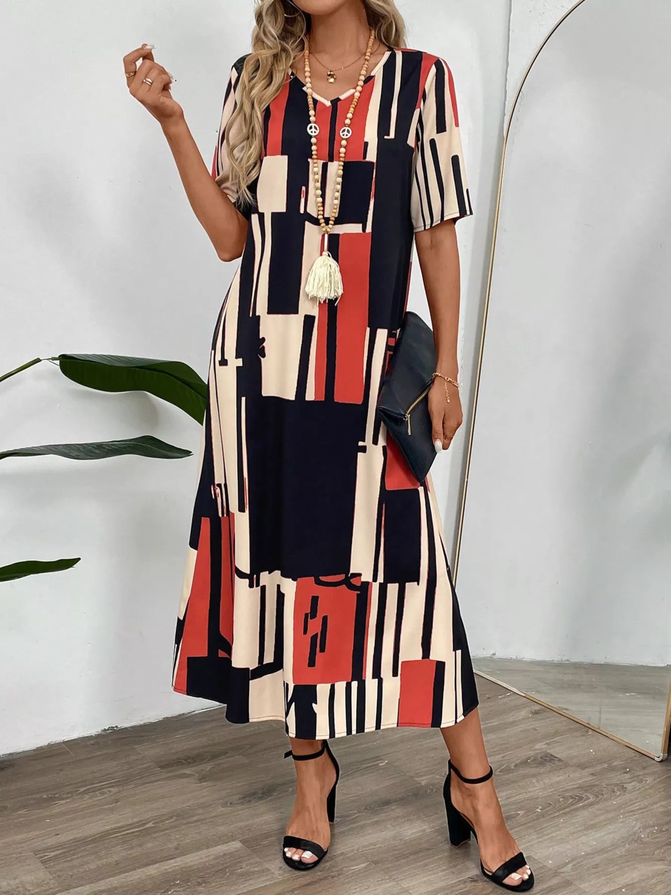 Abstract Geometric Print V-Neck Midi Dress
