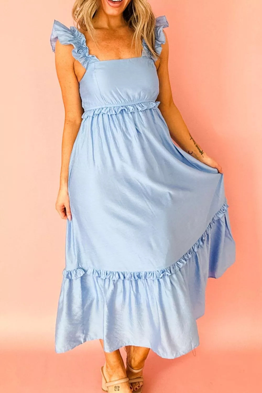 Solid Color Ruffle Trim High Waist Sleeveless Dress