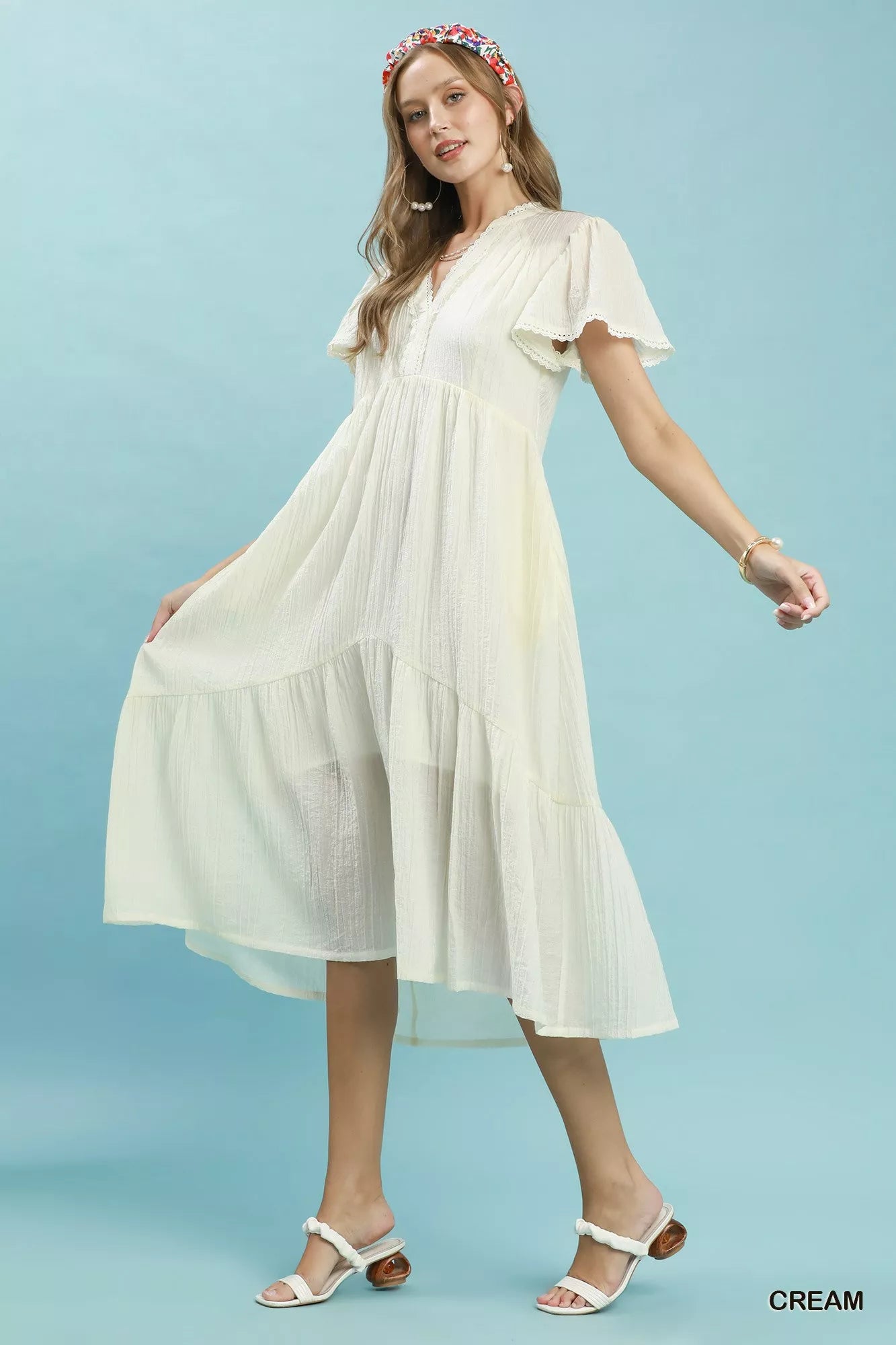 Umgee Textured Tiered Midi Dress with Side Pockets