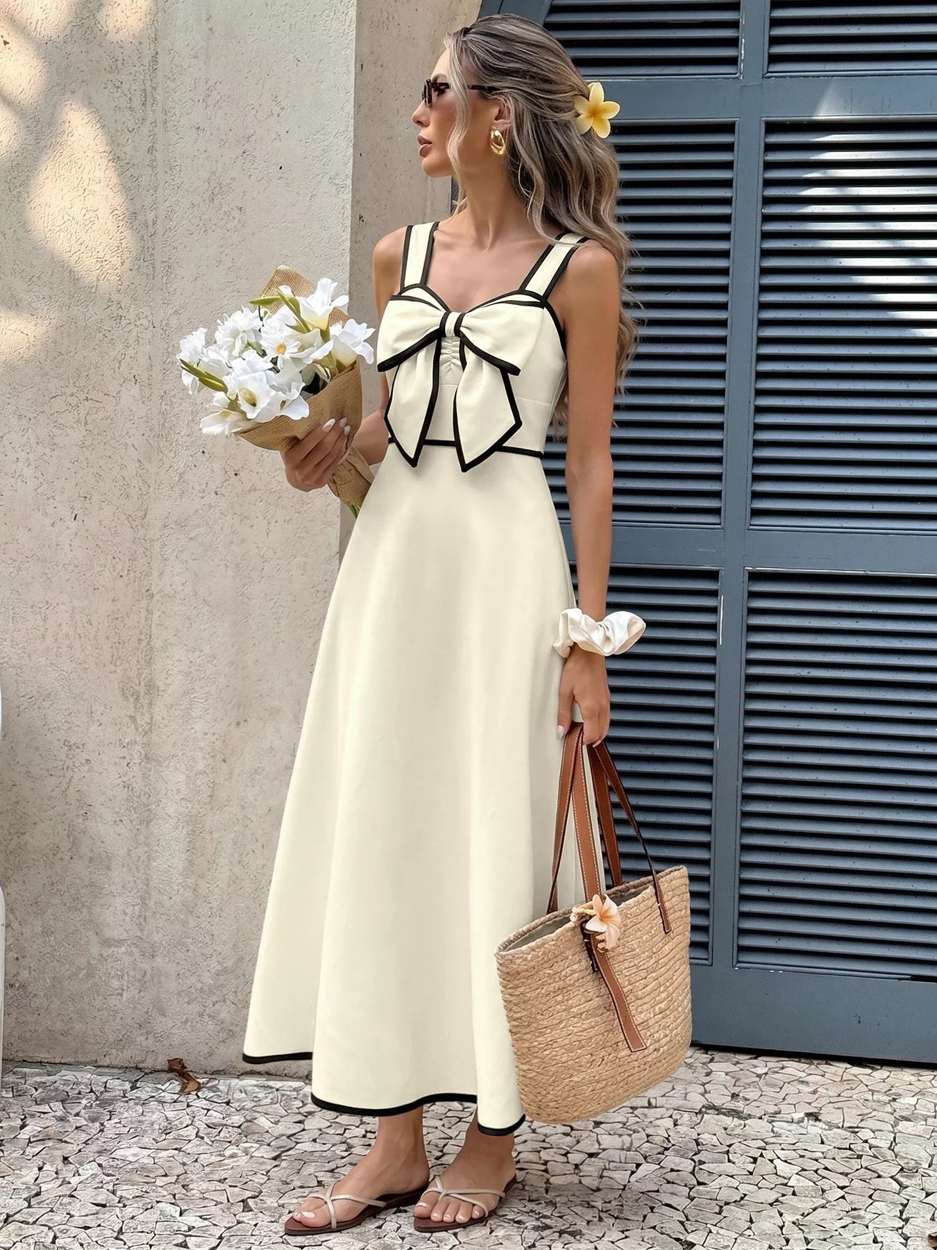 Bowknot Trim A-Line Midi Dress
