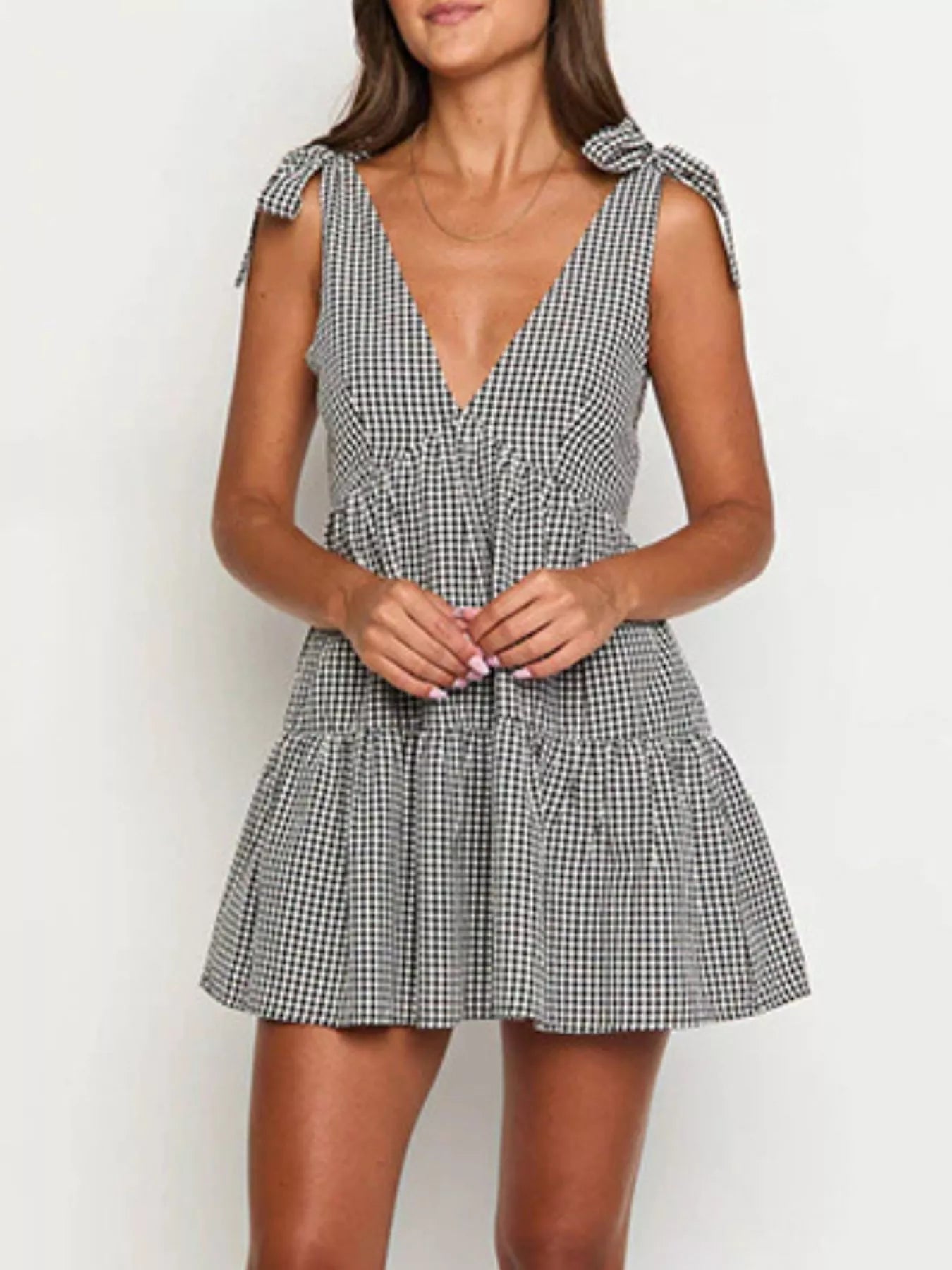 Gingham Tie-Shoulder Mini Dress