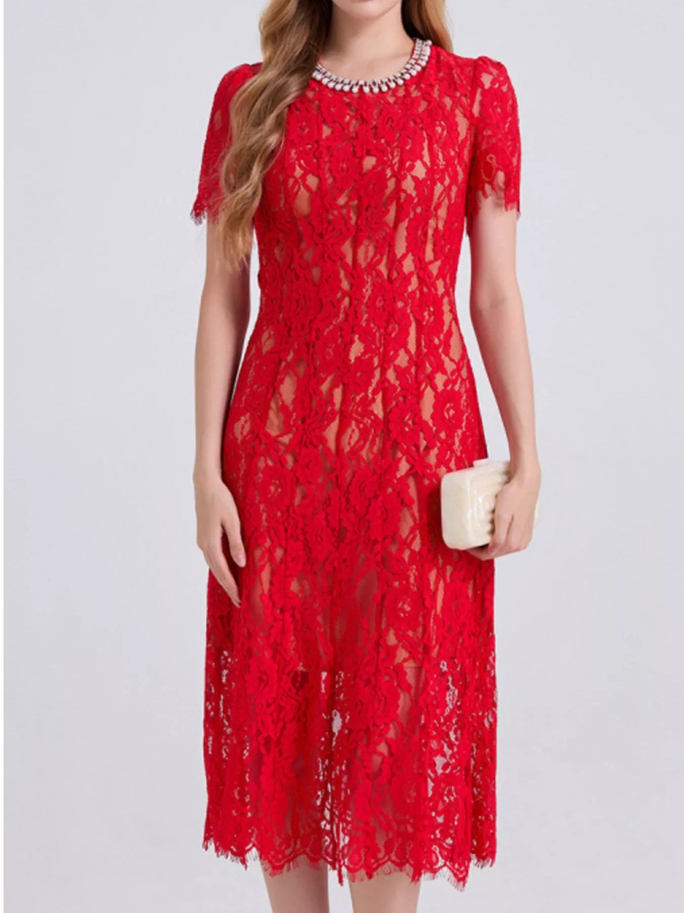 Lace Pearl Neckline Midi Dress
