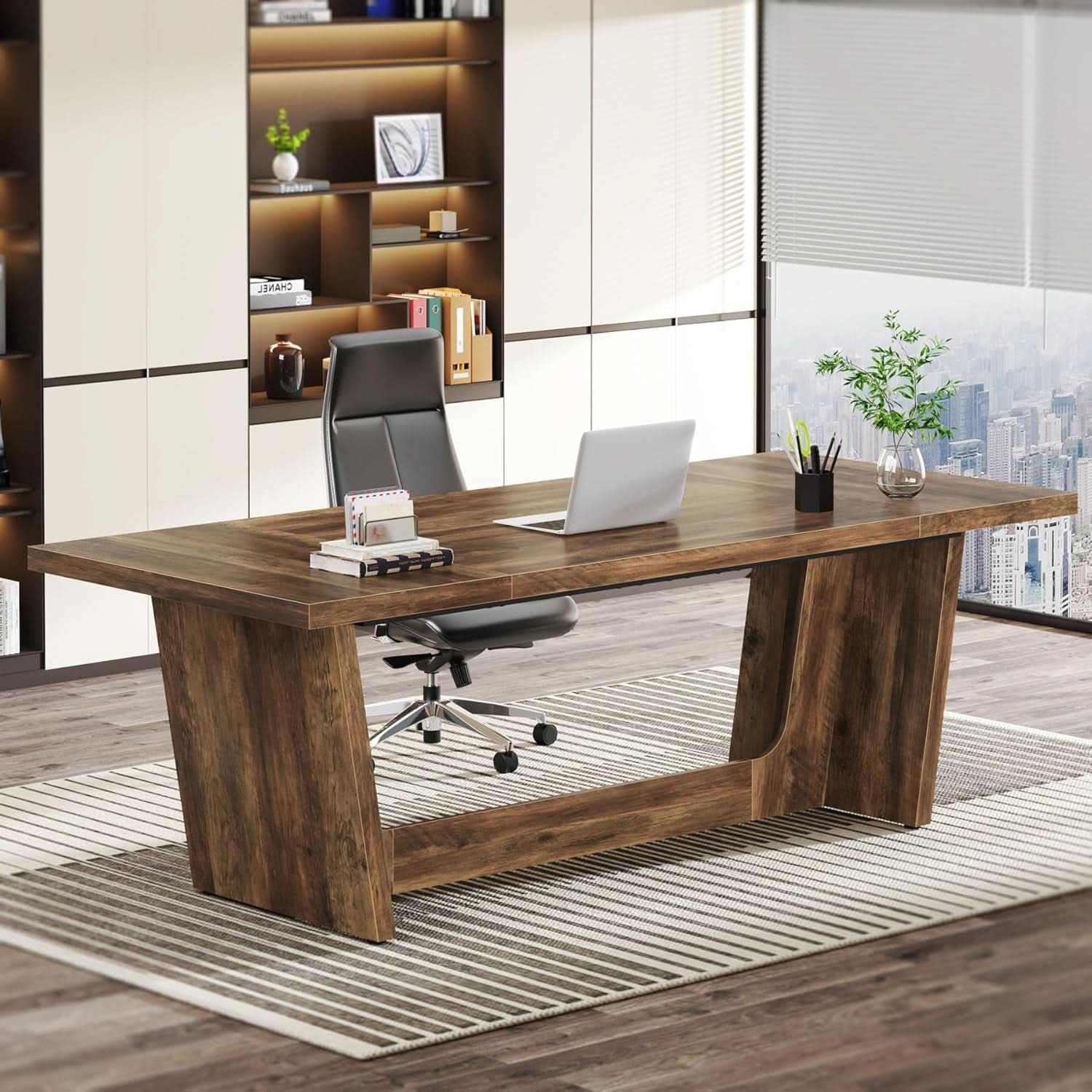71 Inch Brown Executive Wood Computer Desk For Home Office - Overture Gifts