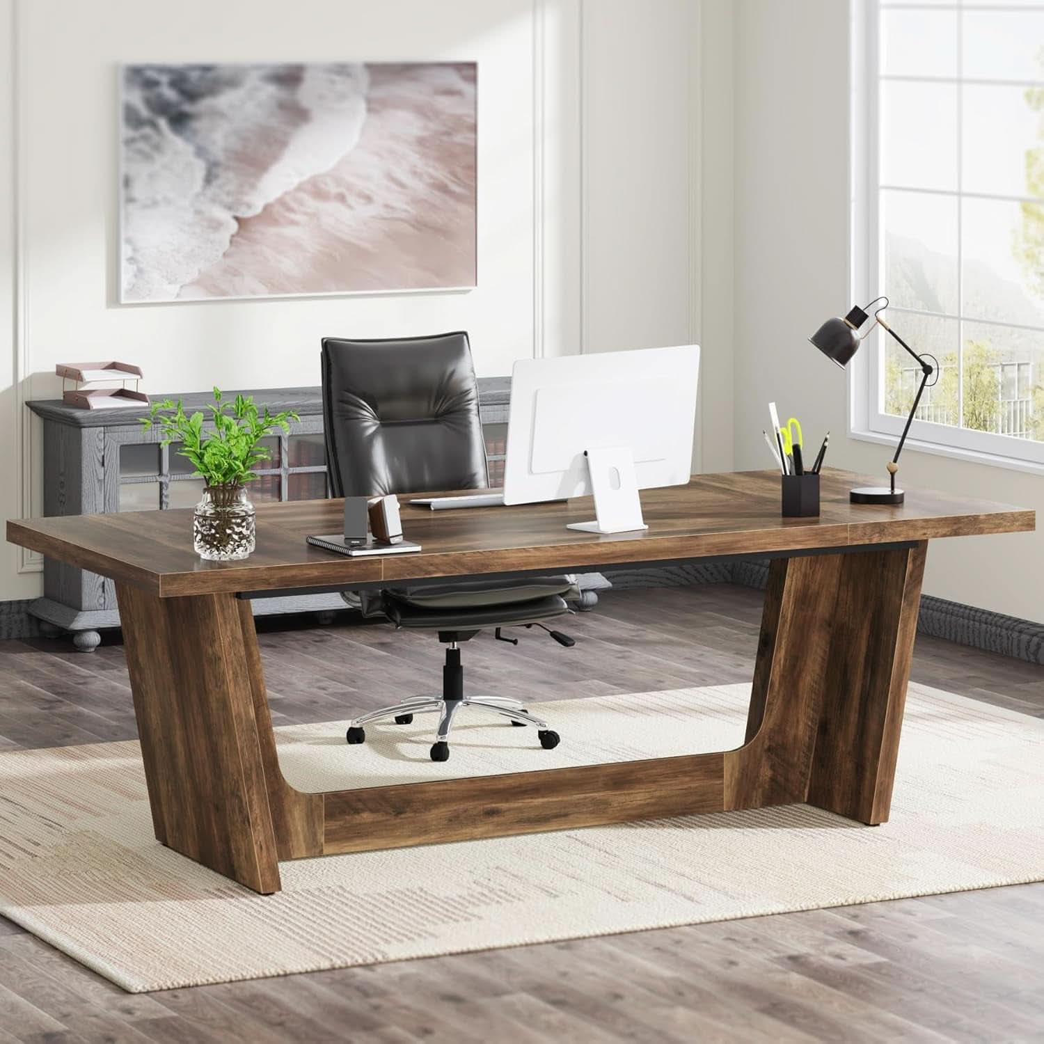 71 Inch Brown Executive Wood Computer Desk For Home Office - Overture Gifts