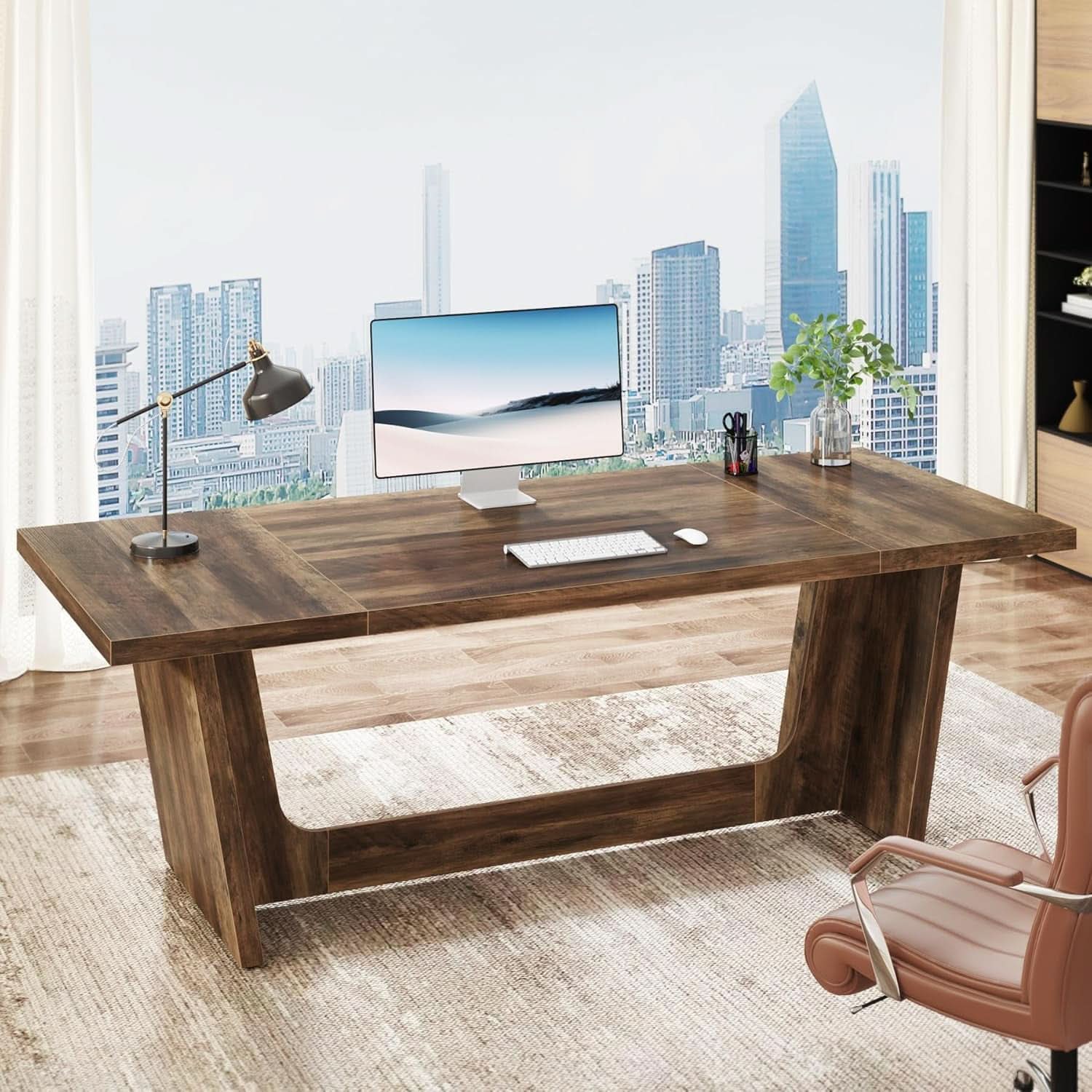 71 Inch Brown Executive Wood Computer Desk For Home Office - Overture Gifts