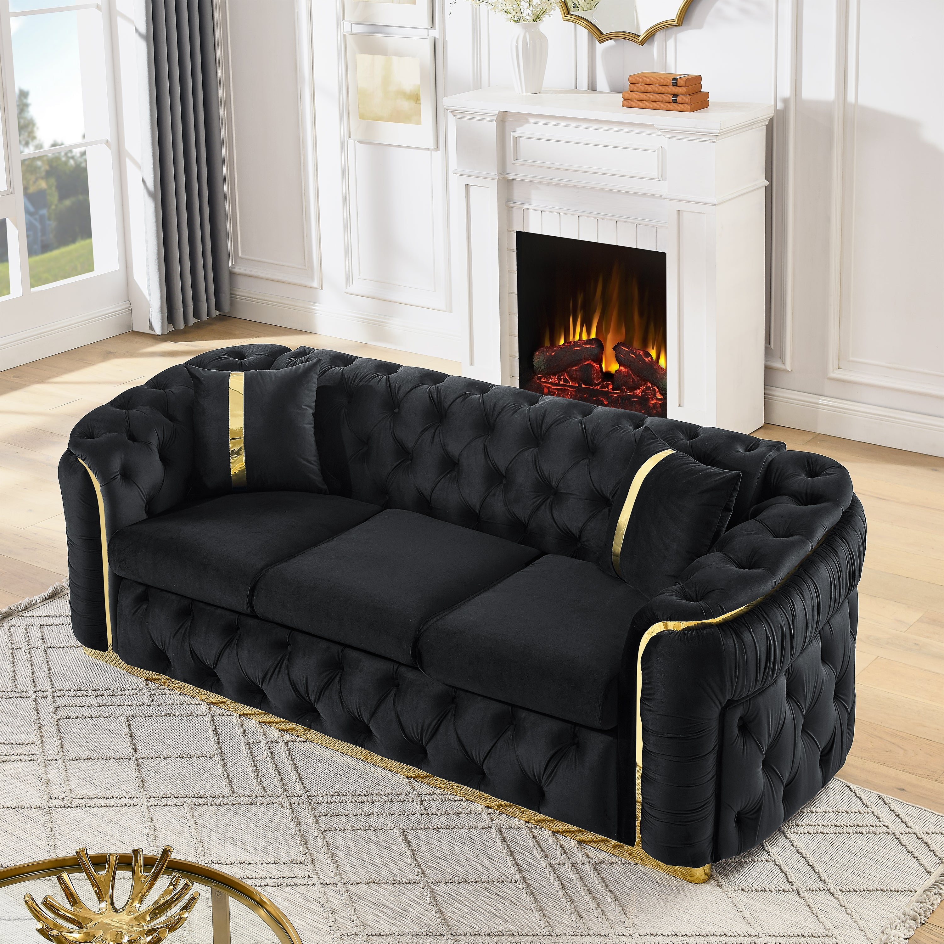 90.6 Inches Velvet Button Tufted Sofa Couch with 2 Pillows