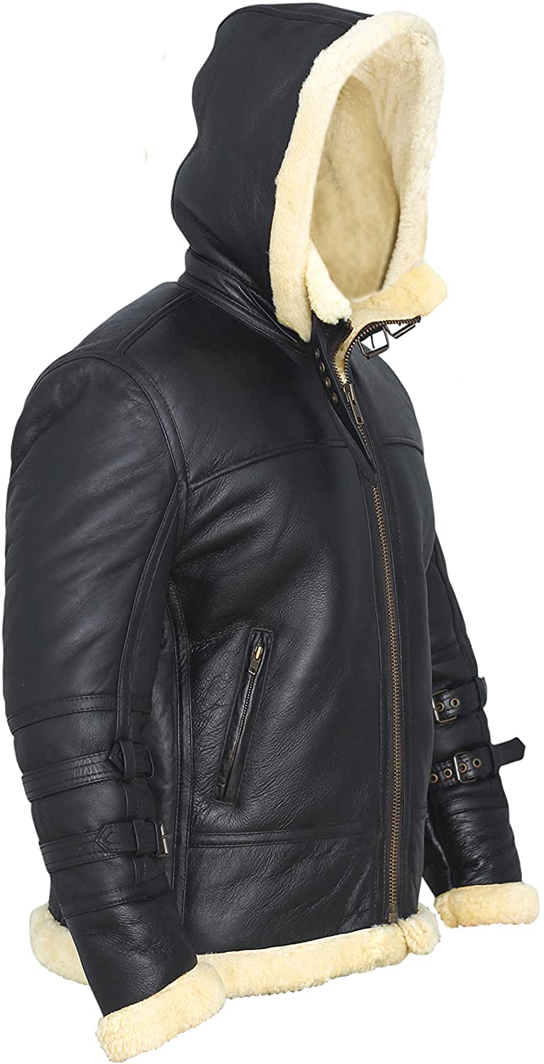 B3 Bomber Jacket with Real Shearling and Removable Hood – Black