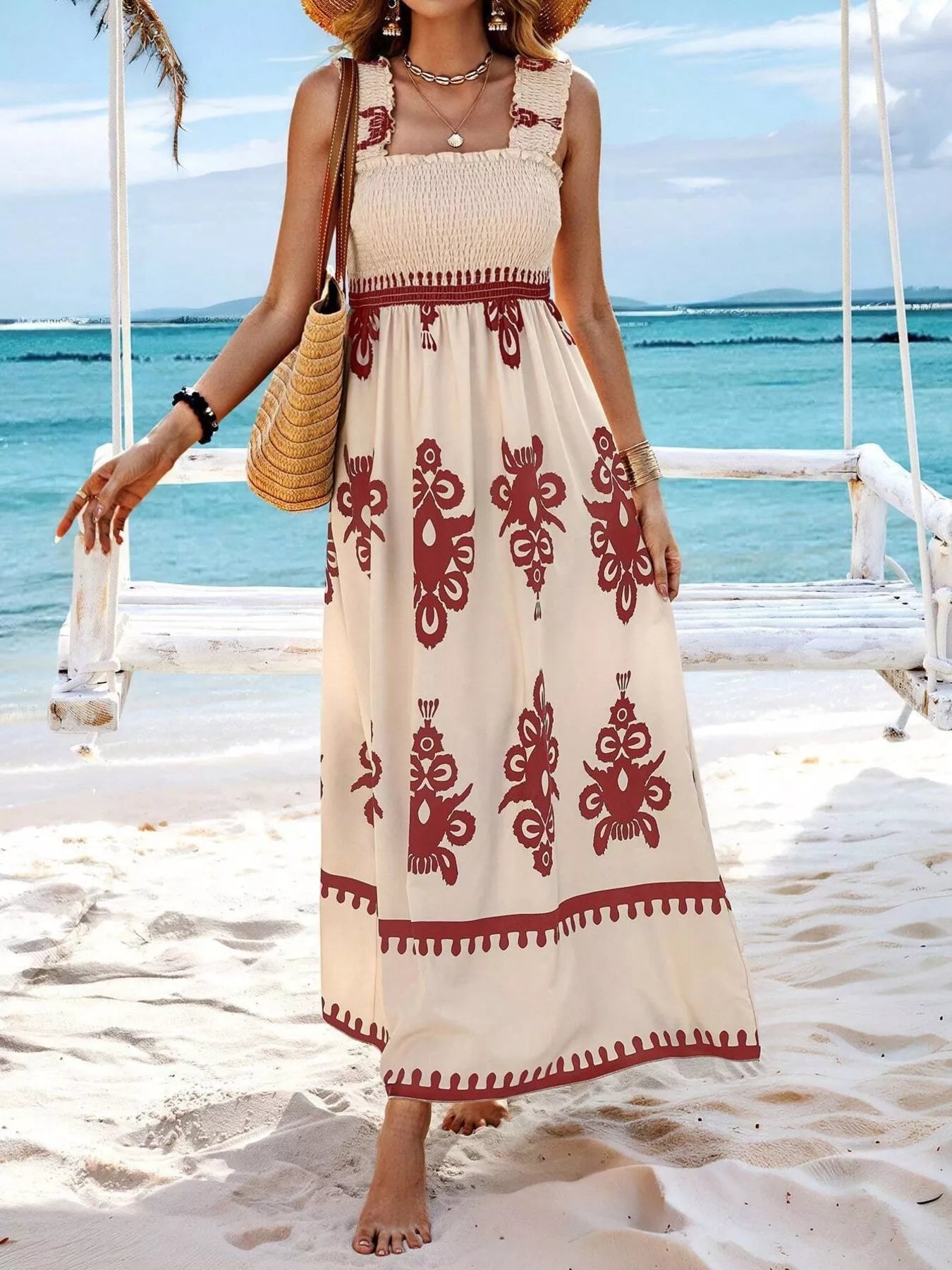 Smocked Printed Square Neck Maxi Dress
