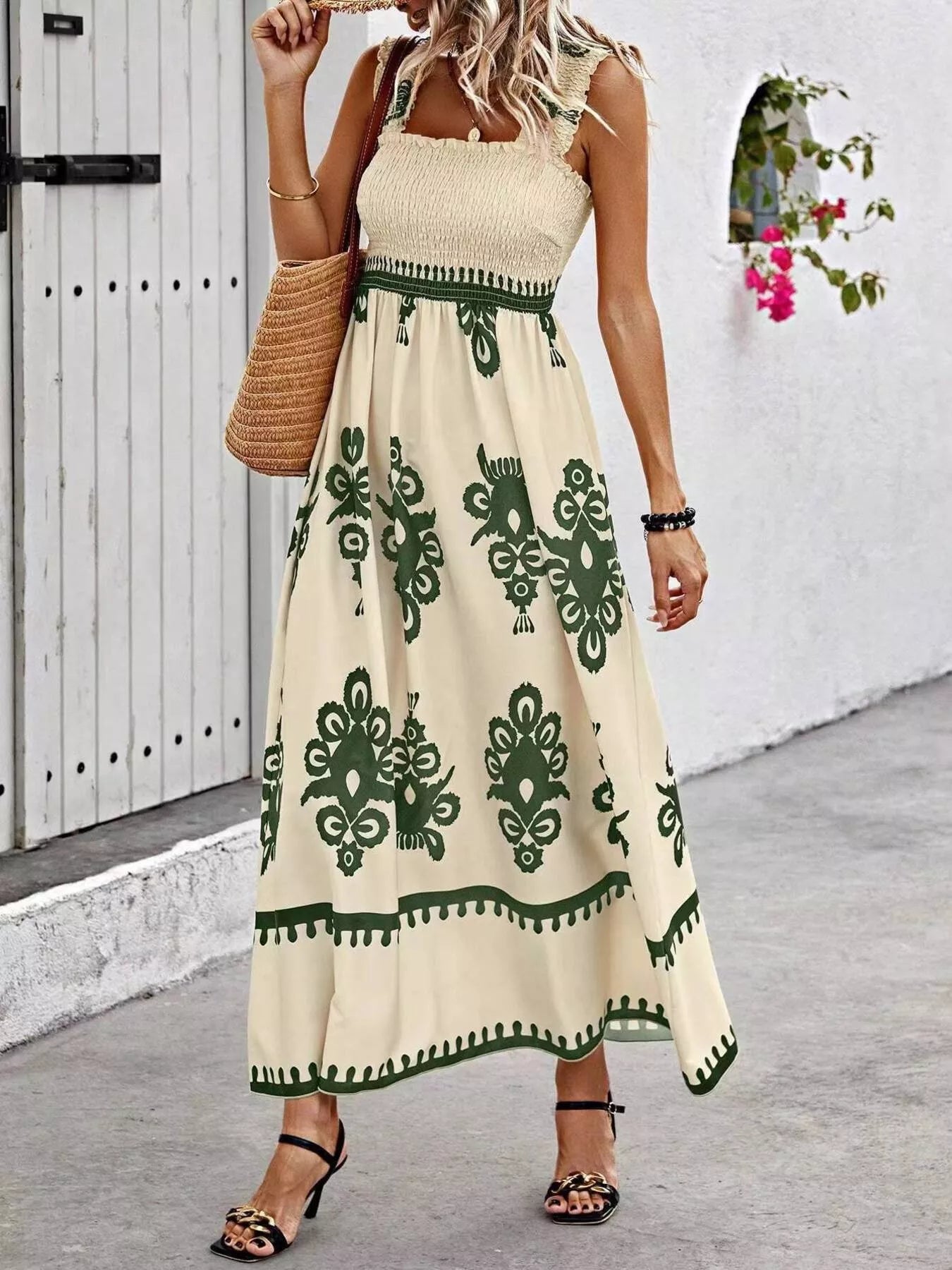 Smocked Printed Square Neck Maxi Dress