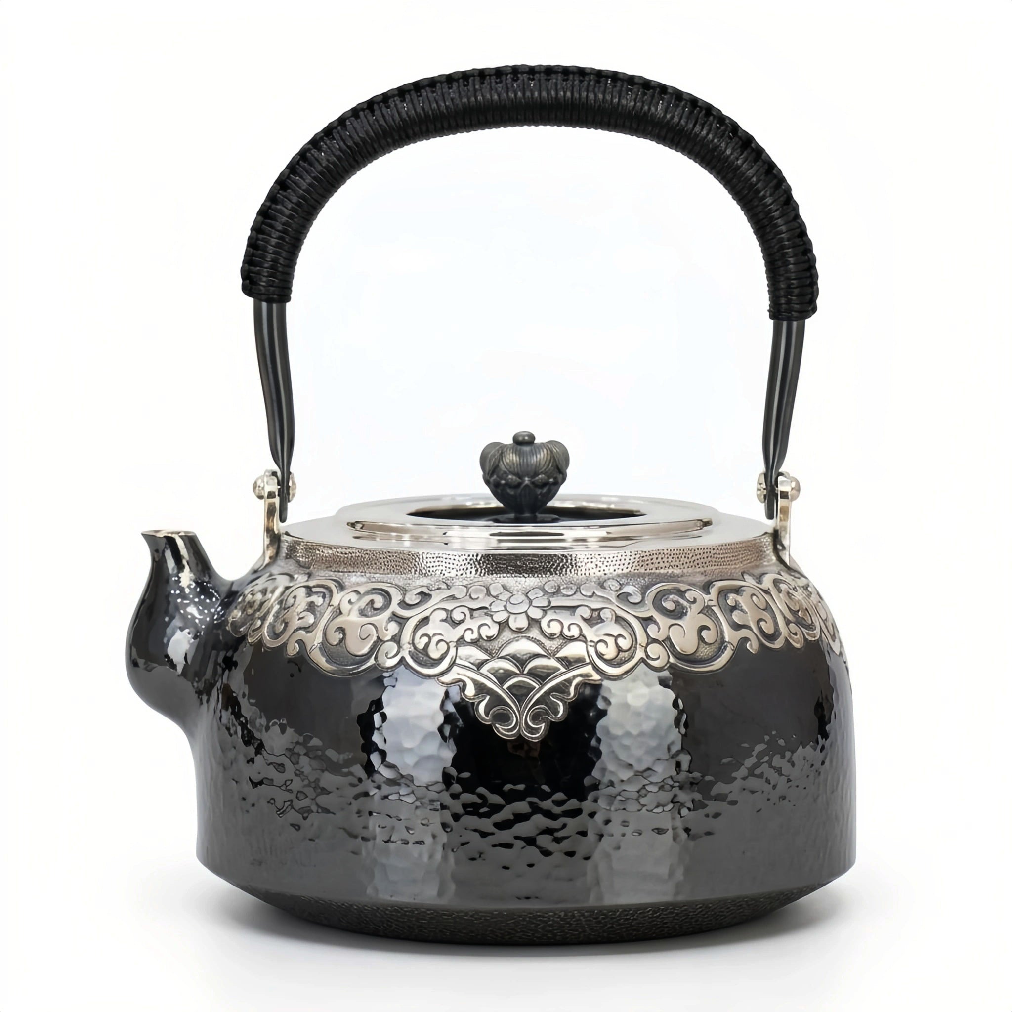 925 Sterling Silver Hand-Hammered Silver Teapot with Intricate Filigree Engraving and Wrapped Handle - Handicraft