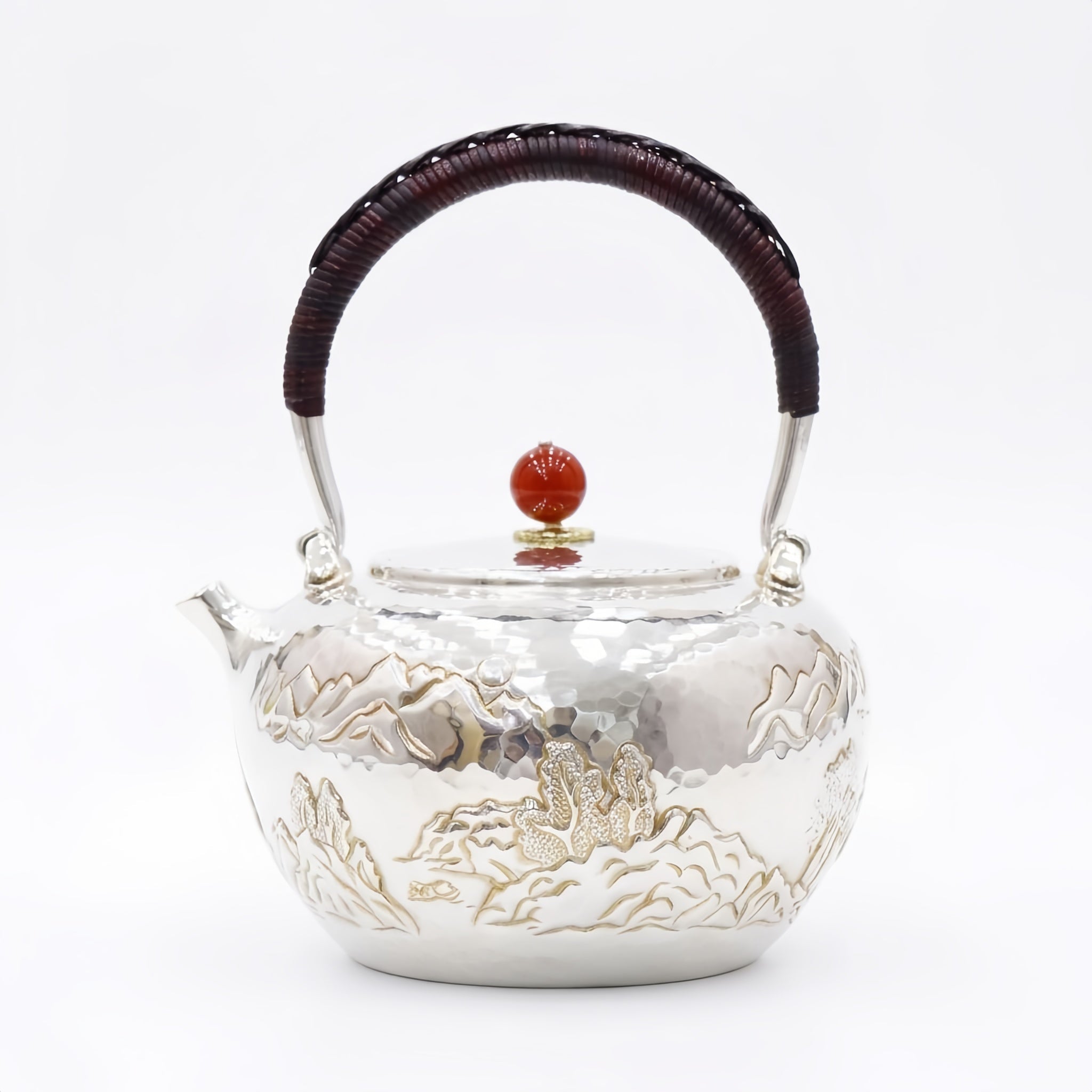 Pure 999 Fine Silver Exquisite Hand-Carved Silver Teapot with Mountain Landscape and Red Stone Finial - Handicraft