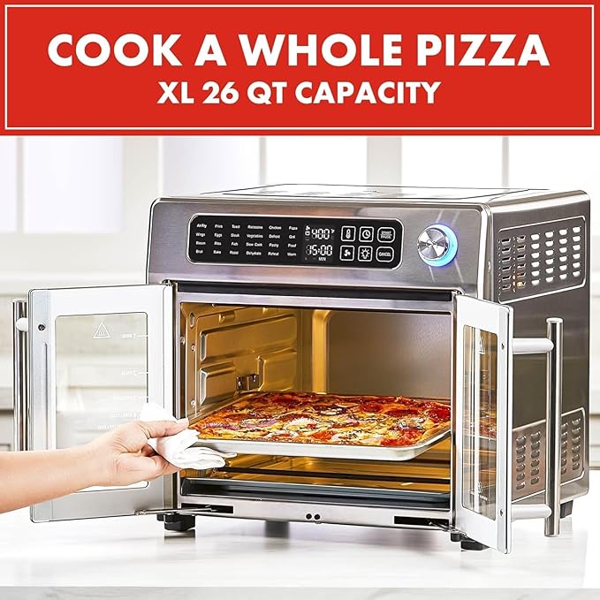 Emeril Lagasse 26QT French Door Multi-Function Air Fryer Toaster Oven | 26QT air fryer oven with French doors, 24 cooking functions, dual-speed fan and rotisserie for easy family meals.