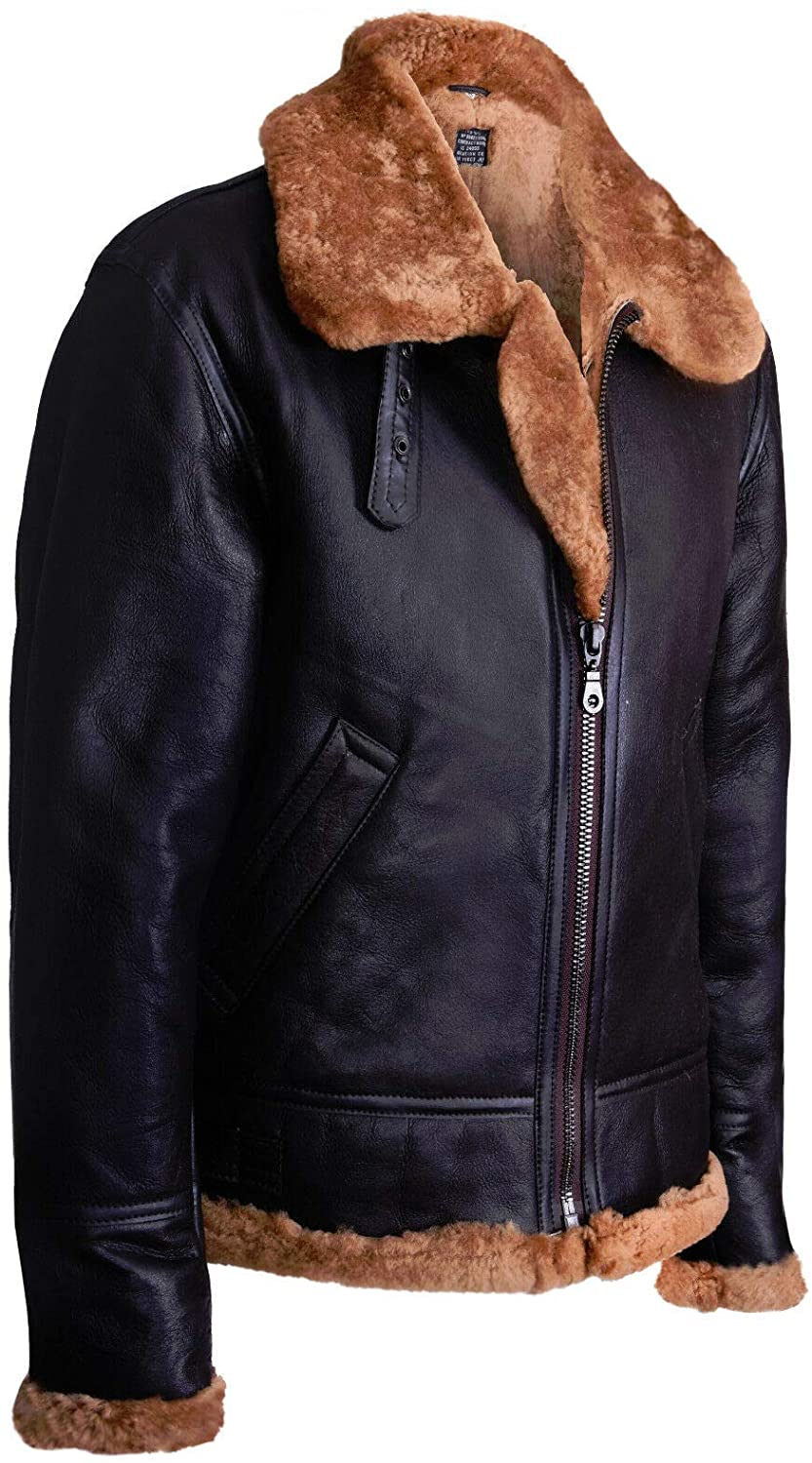 Men’s Aviator Ginger Brown B3 Real Shearling Sheepskin Leather Bomber Flying Jacket