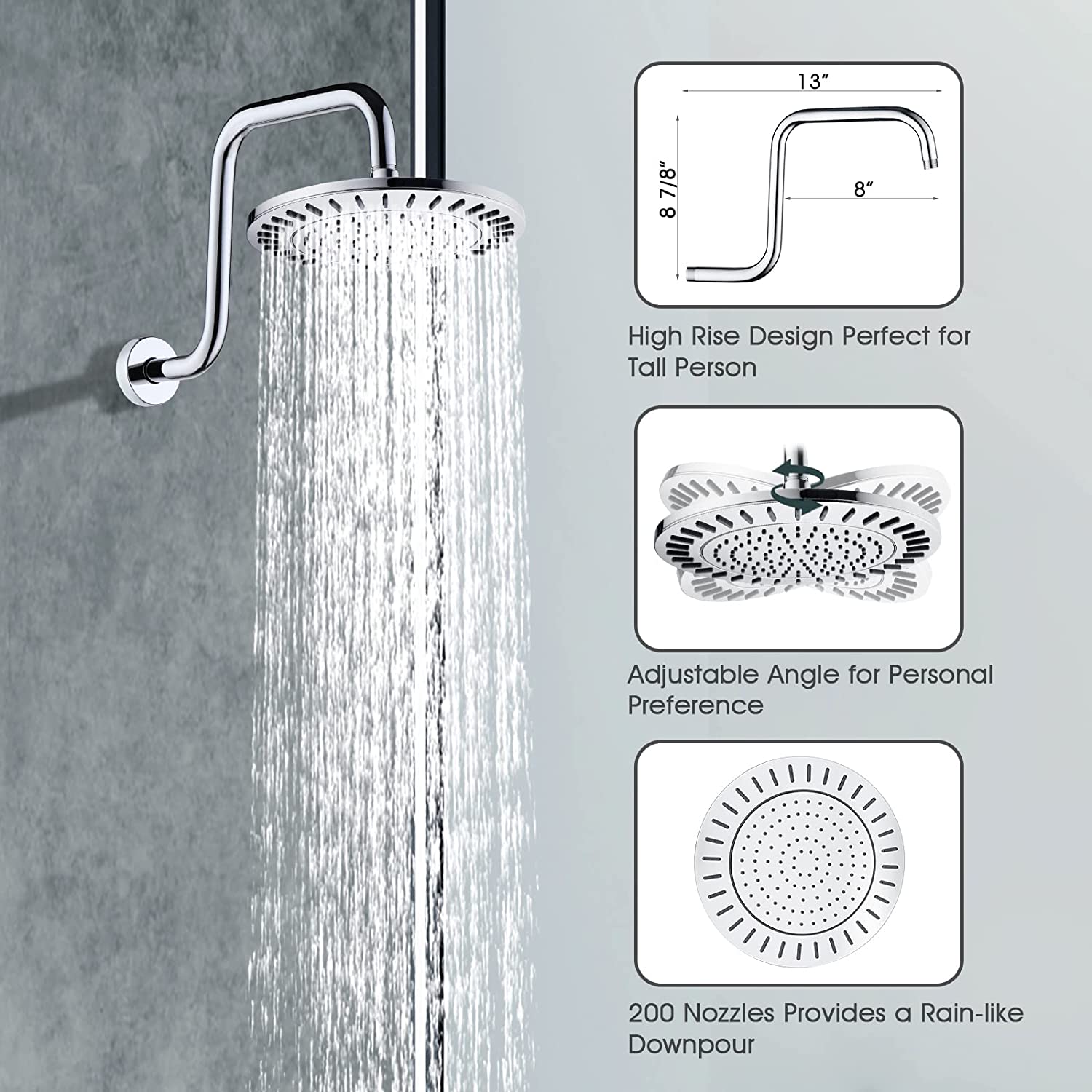 Rain Shower Faucet Set with Handheld Shower Head, 13" High Rise Arm & Valve