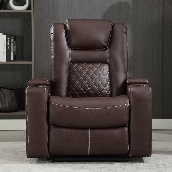 CANMOV Electric Power Recliner Chair Set of 3, Breathable Leather Home Theater Seating with Hidden Arm Storage, Power Recliner Chair with USB Ports and Cup Holders for Living Room,Red Brown