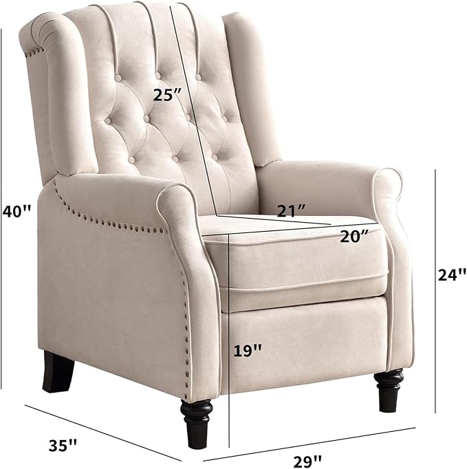 CANMOV Push Back Recliner Chair,Accent Chair,Mid Century Wingback Recliner, Fabric Push Back Recliner Chair Single Armchair Sofa with Rivet Decoration, Button-Tufted Back for Living Room, White