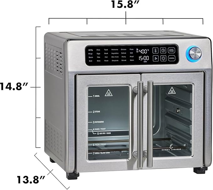 Emeril Lagasse 26QT French Door Multi-Function Air Fryer Toaster Oven | 26QT air fryer oven with French doors, 24 cooking functions, dual-speed fan and rotisserie for easy family meals.