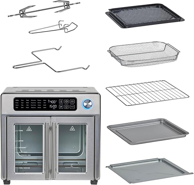 Emeril Lagasse 26QT French Door Multi-Function Air Fryer Toaster Oven | 26QT air fryer oven with French doors, 24 cooking functions, dual-speed fan and rotisserie for easy family meals.
