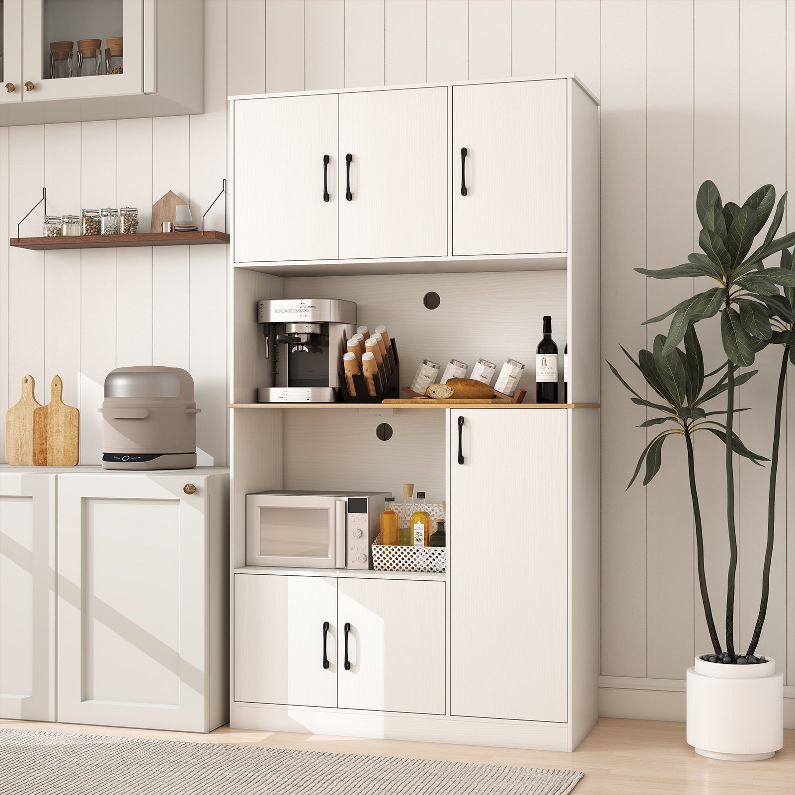 71" Tall Kitchen Pantry Cabinet with Charging Station Wooden Buffet Cupboard Sideboard