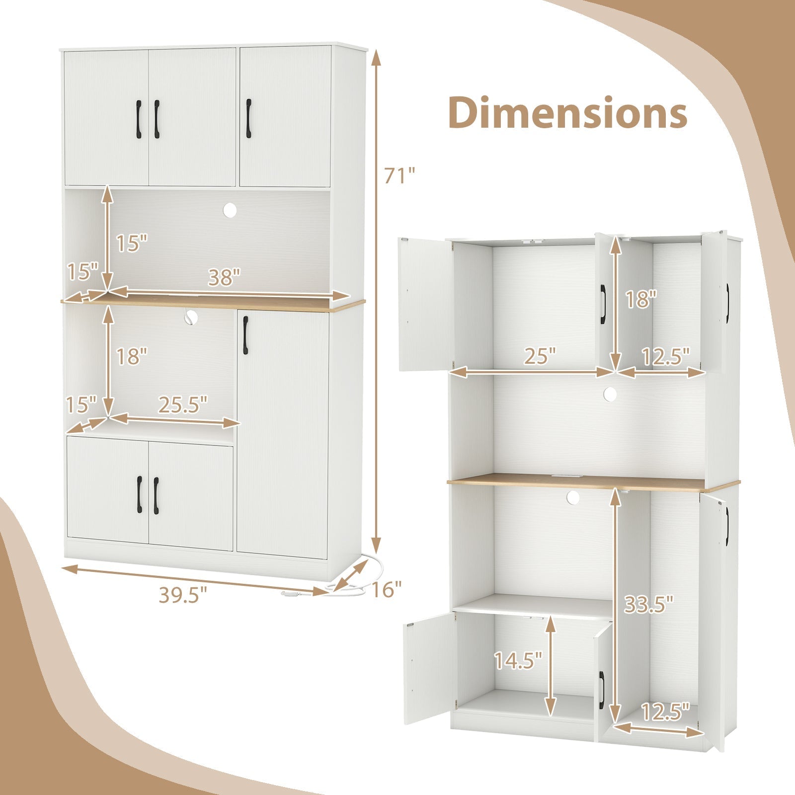 71" Tall Kitchen Pantry Cabinet with Charging Station Wooden Buffet Cupboard Sideboard