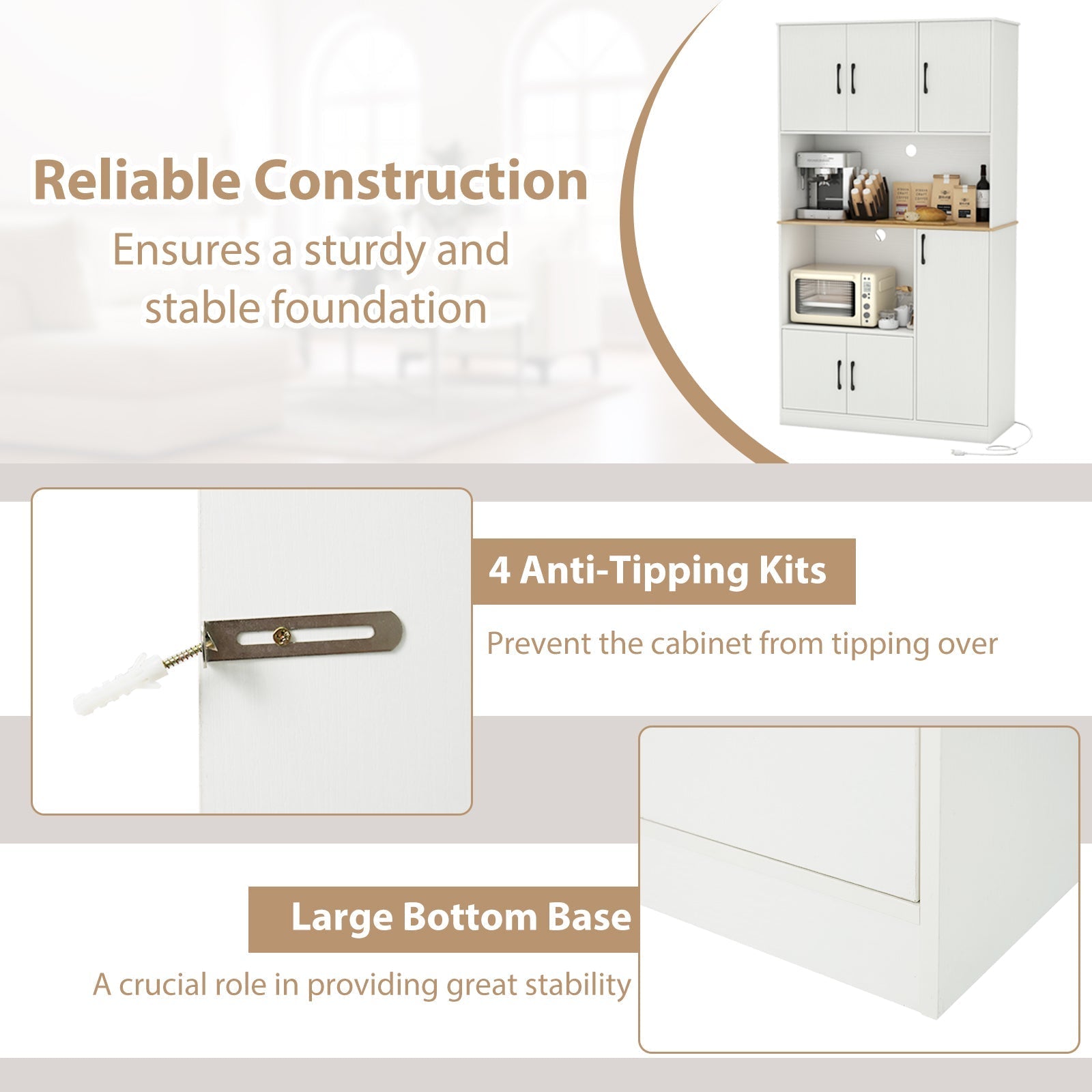 71" Tall Kitchen Pantry Cabinet with Charging Station Wooden Buffet Cupboard Sideboard