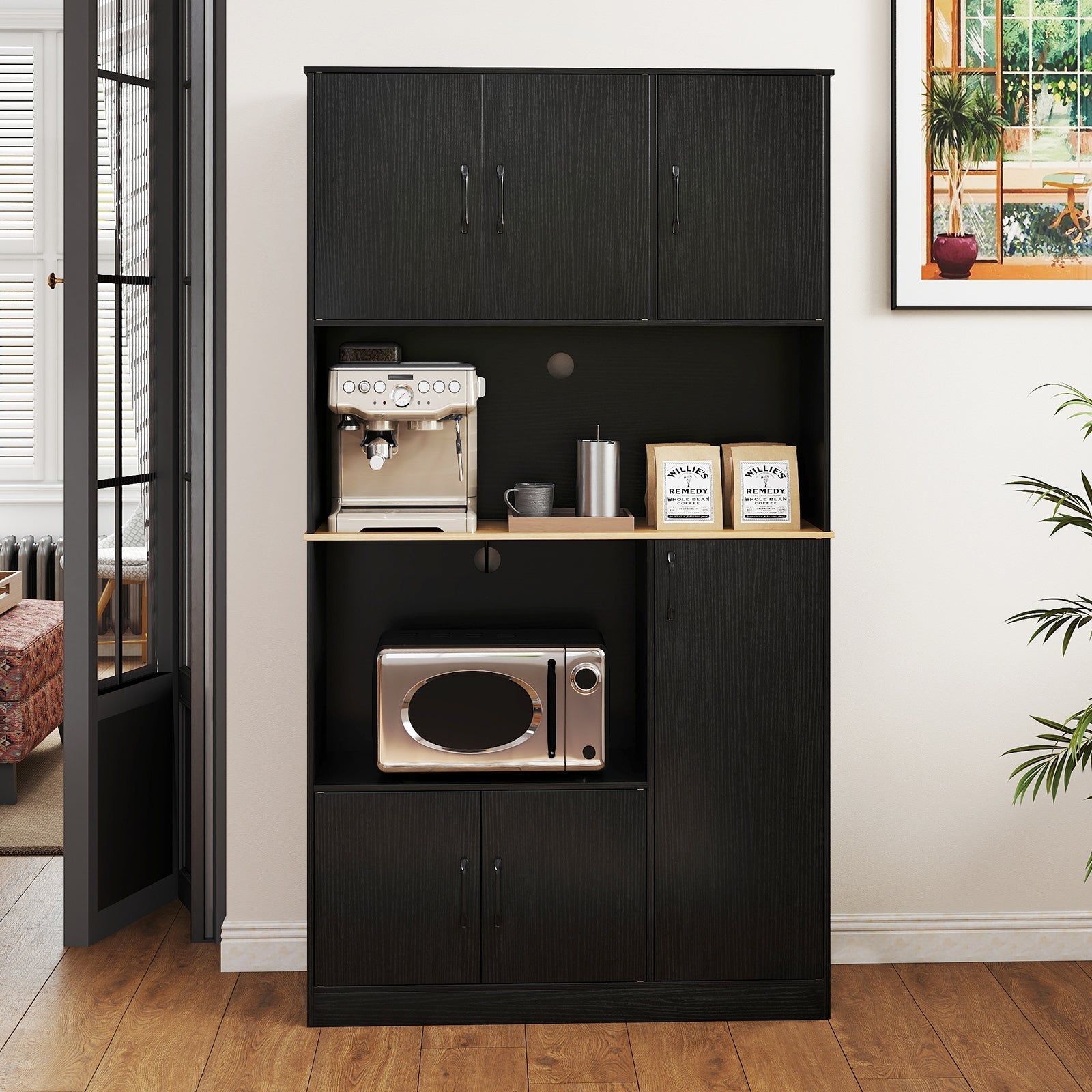 71" Tall Kitchen Pantry Cabinet with Charging Station Wooden Buffet Cupboard Sideboard