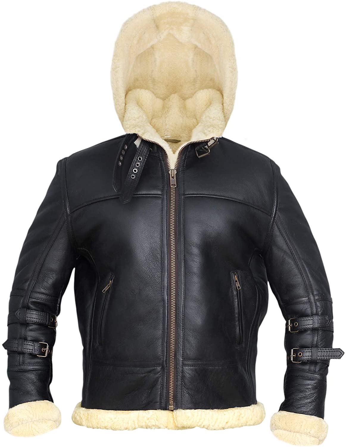 B3 Bomber Jacket with Real Shearling and Removable Hood – Black