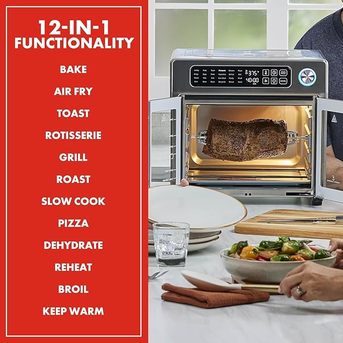 Emeril Lagasse 26QT French Door Multi-Function Air Fryer Toaster Oven | 26QT air fryer oven with French doors, 24 cooking functions, dual-speed fan and rotisserie for easy family meals.