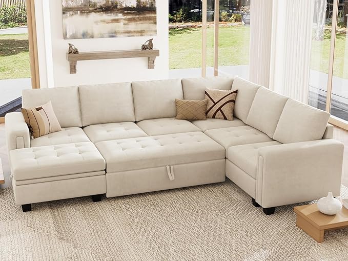 Belffin Modular Sectional Sleeper Sofa with Pull Out Bed U Shaped Sectional Sofa Couch with Storage Ottoman Velvet Covertible 7-Seater Sofa for Living Room Beige