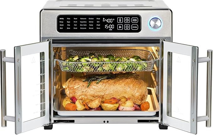 Emeril Lagasse 26QT French Door Multi-Function Air Fryer Toaster Oven | 26QT air fryer oven with French doors, 24 cooking functions, dual-speed fan and rotisserie for easy family meals.