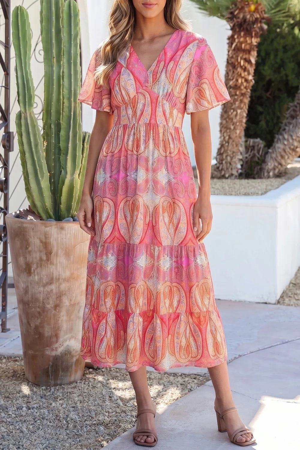 Paisley Print V-Neck Short Sleeve Boho Dress with Ruffle Details