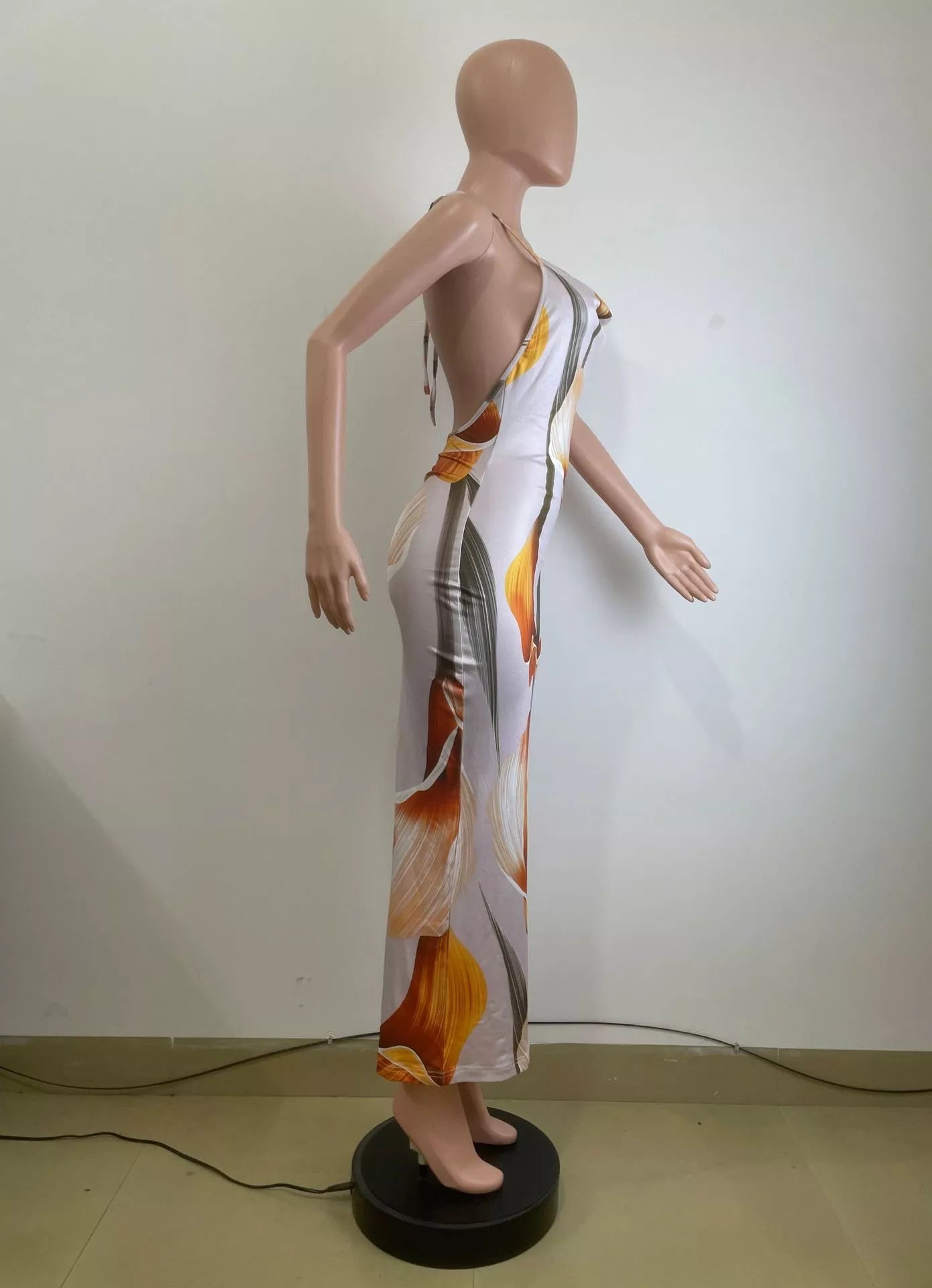 Floral Print Cowl Neck Backless Maxi Dress