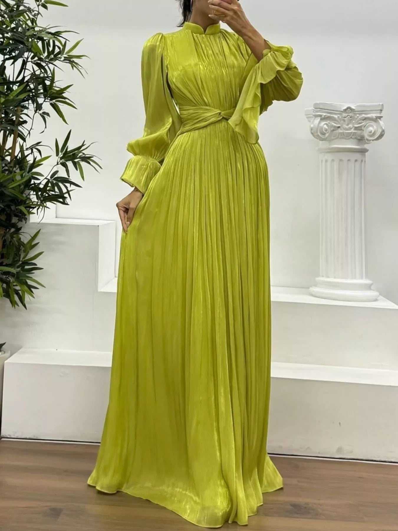 Pleated Mock Neck Long Sleeve Maxi Dress